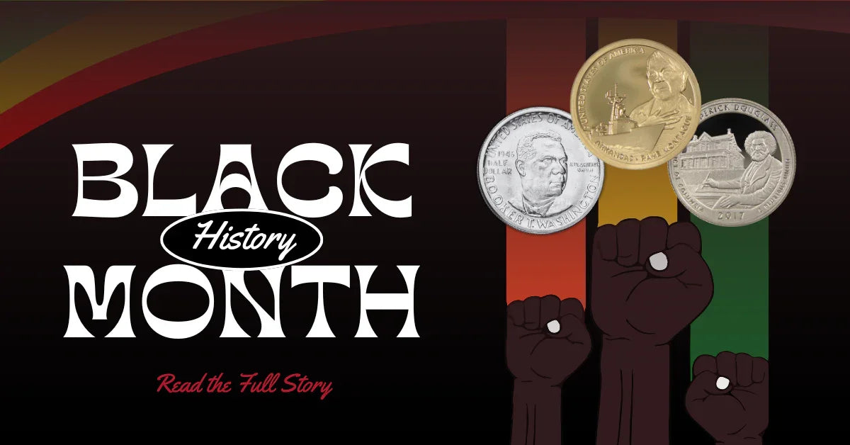 Black History Month banner with collectible coins and raised fists on a dark background