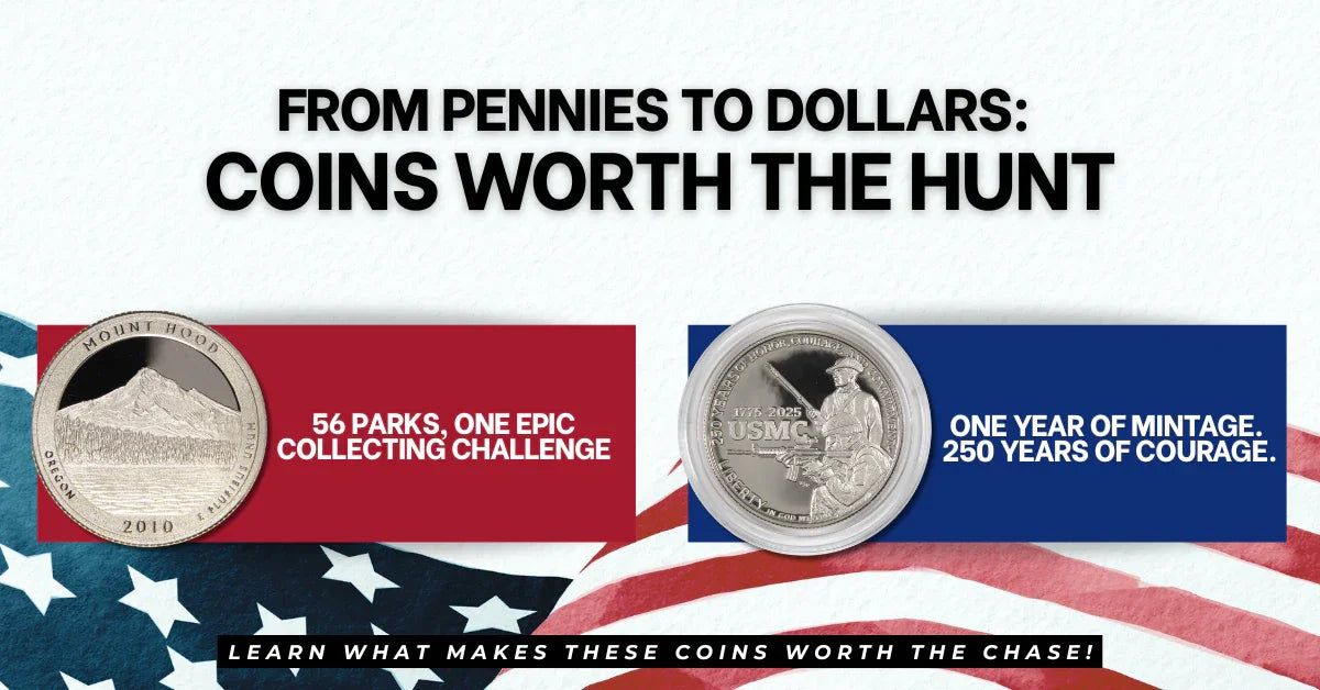 Collectible coins including Mount Hood quarter and USMC coin on American flag background, coin collecting promotion.