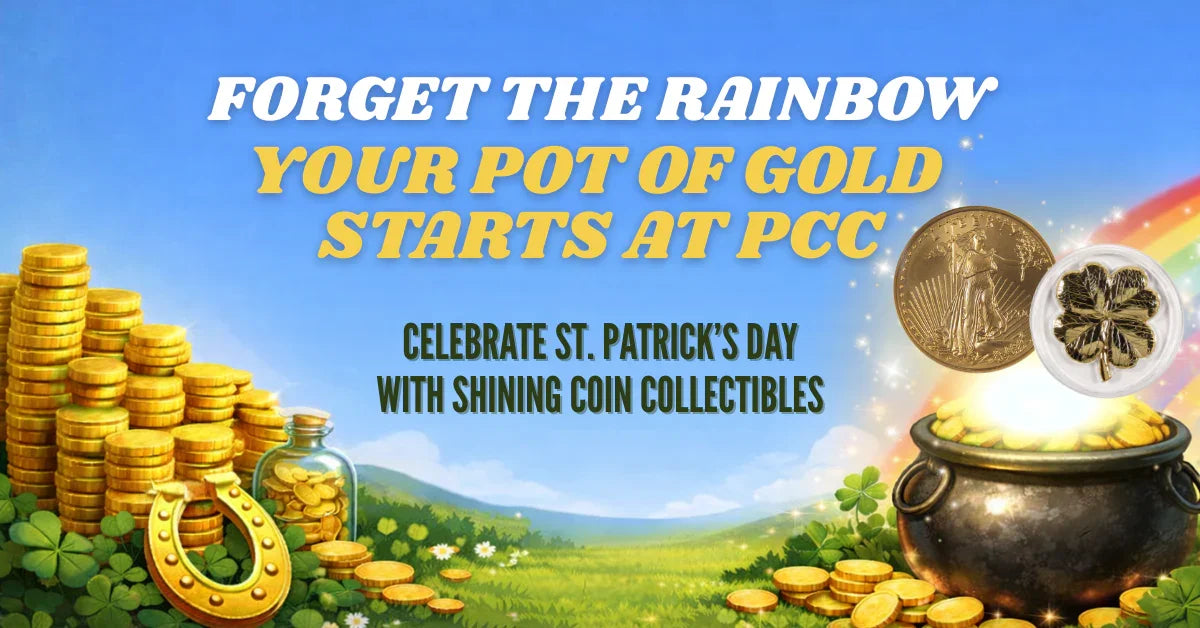 St. Patrick's Day coin collectibles, pot of gold, lucky coins, and clover under rainbow