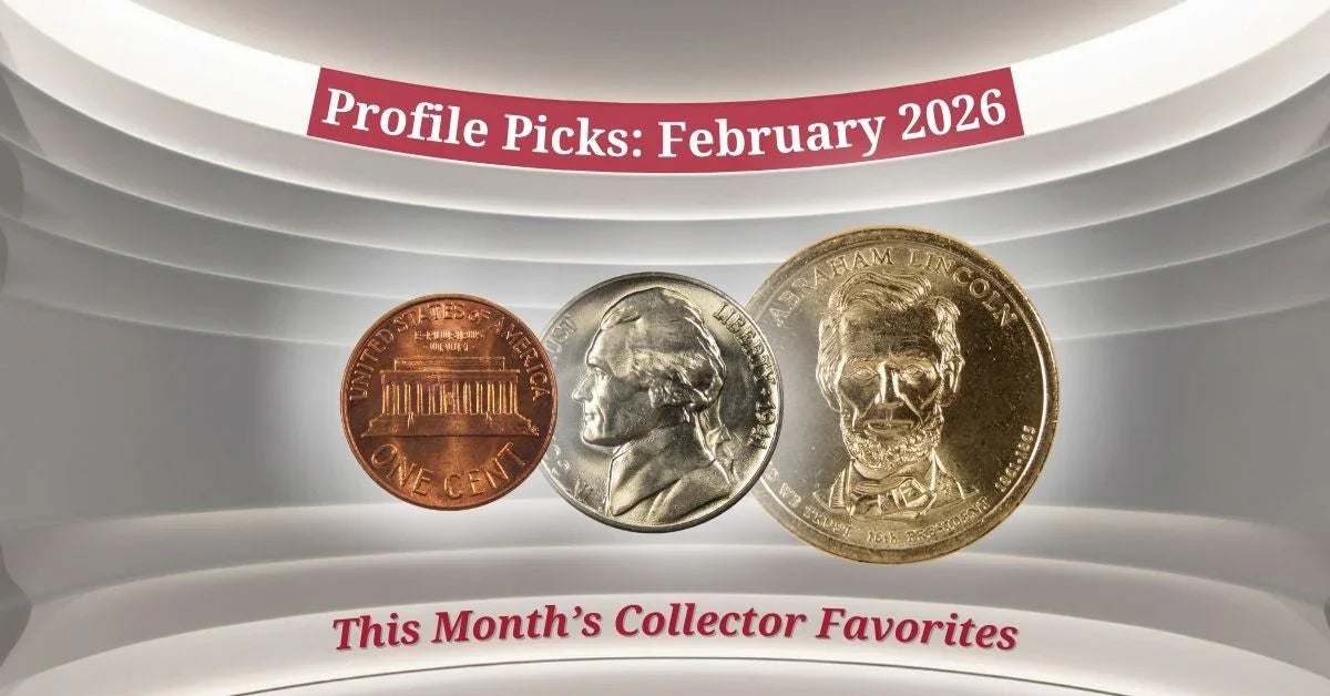 Three collectible coins including penny, nickel, and Abraham Lincoln coin, February 2026 picks.