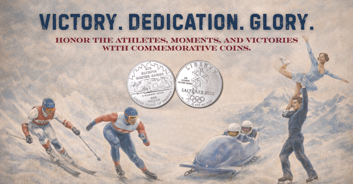 Olympic commemorative coins with winter sports athletes, bobsled, skiing and ice skating