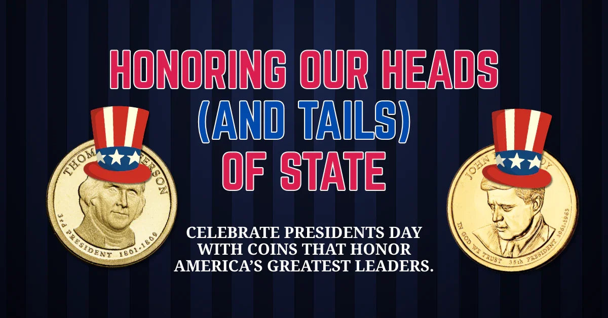 Presidents Day coin promotion with Thomas Jefferson and John F. Kennedy coins wearing patriotic hats