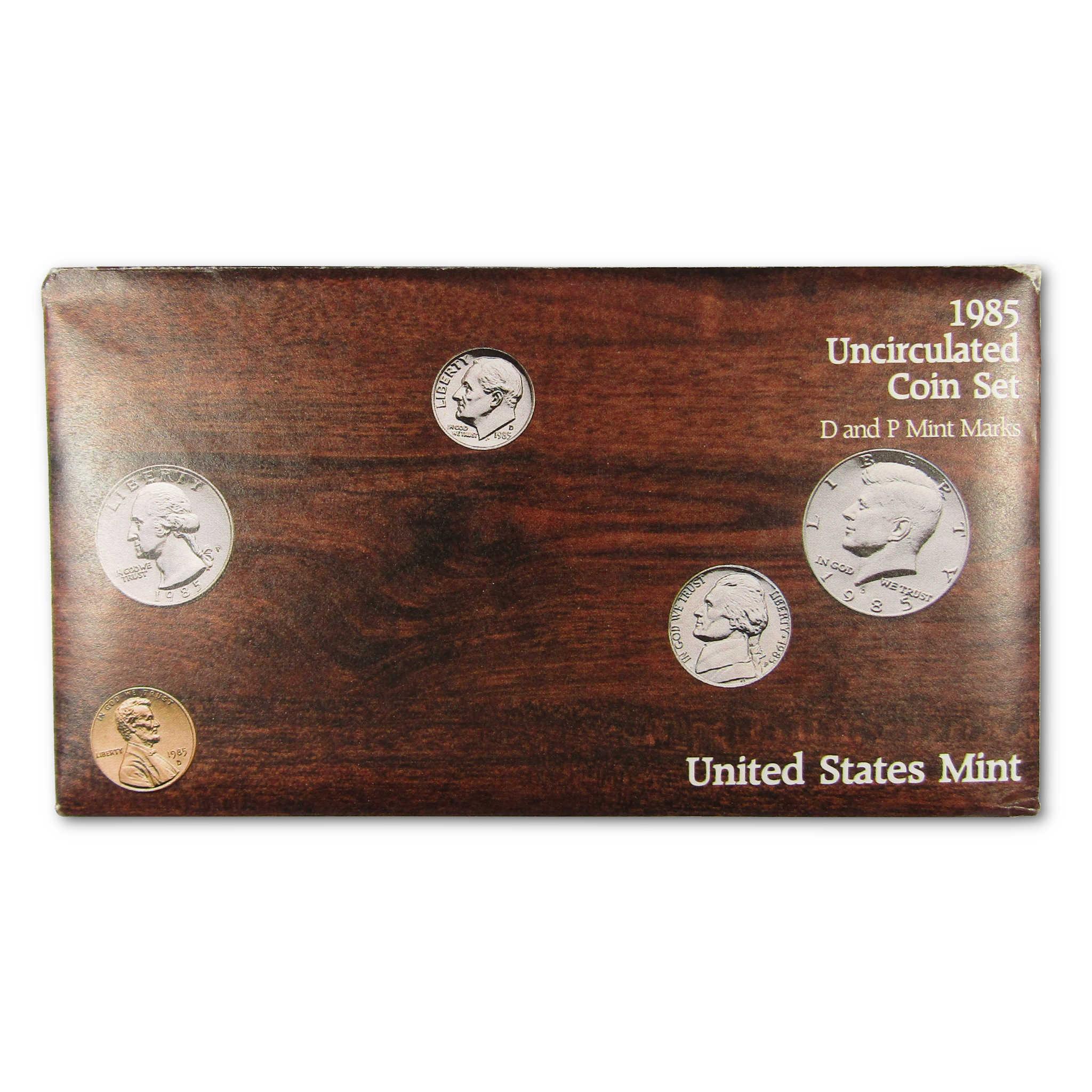 1985 United States Mint uncirculated coin set envelope with displayed coins