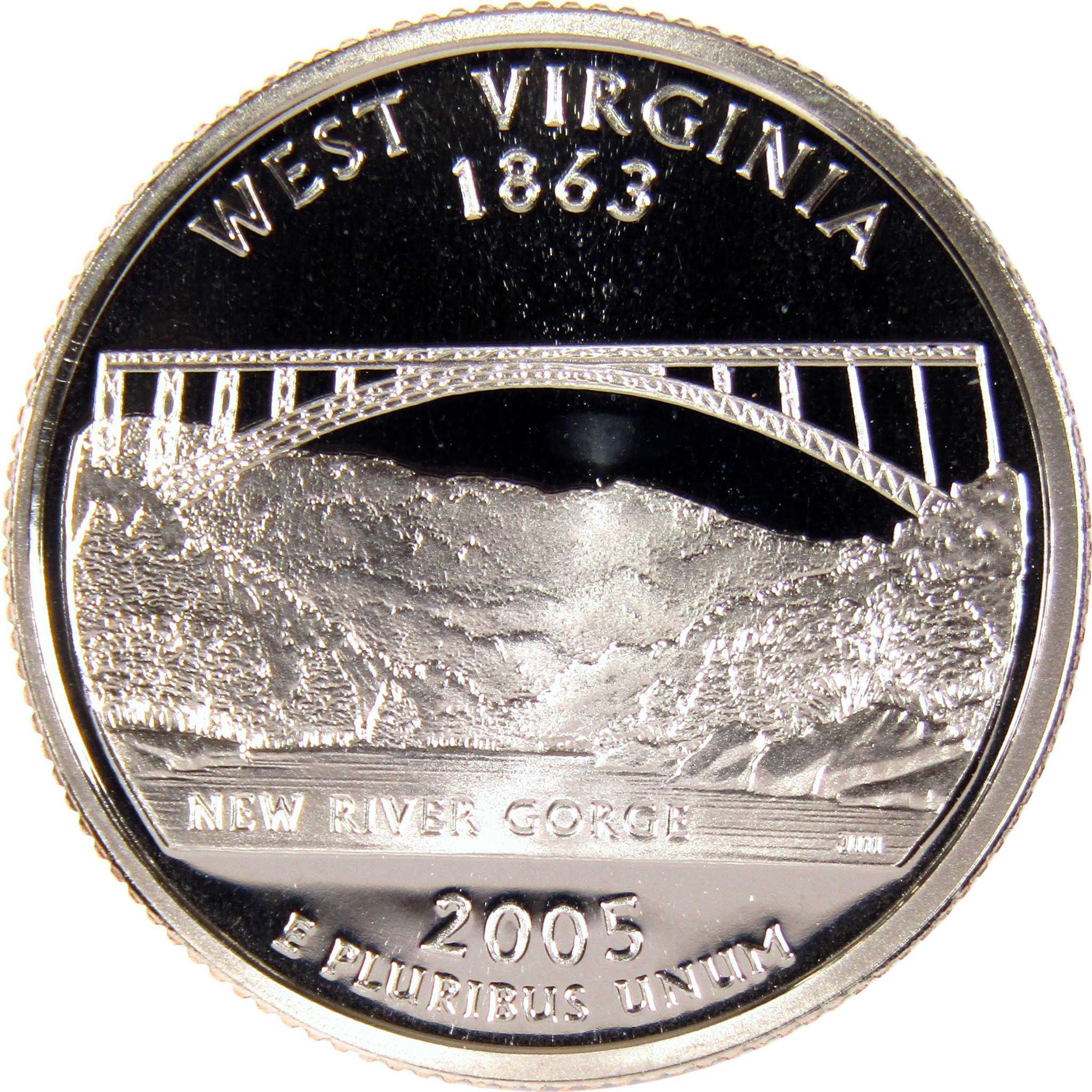 2005 West Virginia state quarter collectible coin featuring New River Gorge bridge.