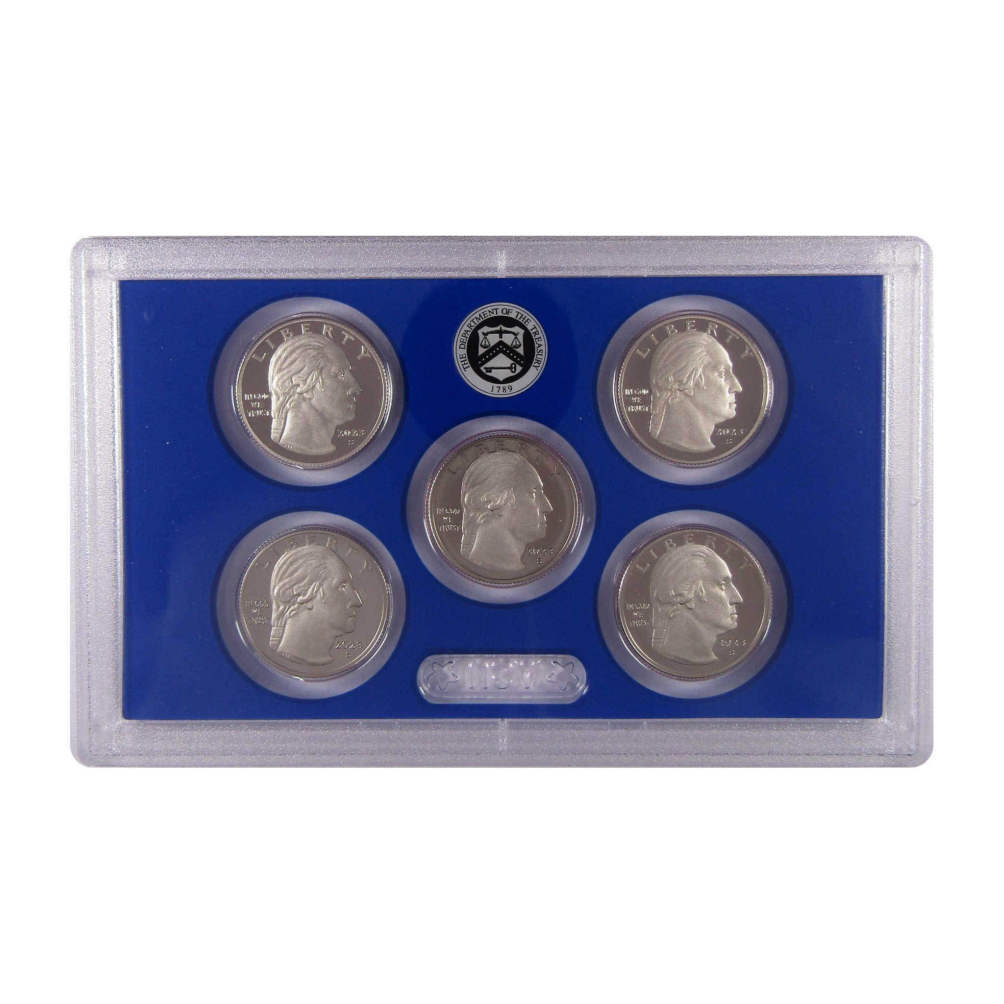 United States quarter coin collectible set in blue display case, five coins visible