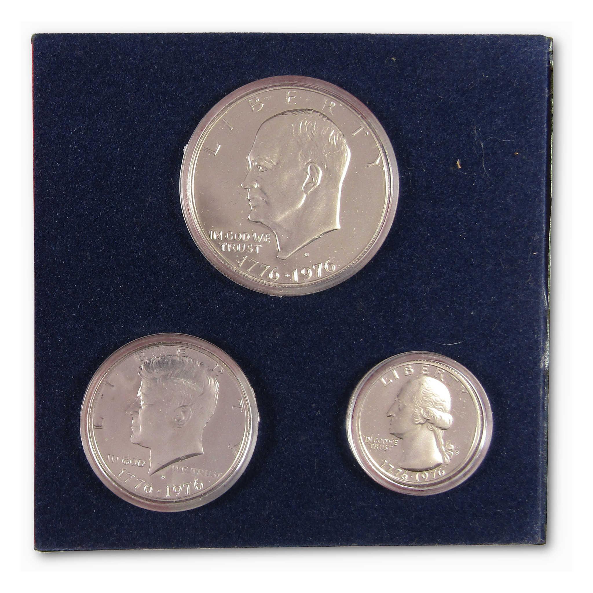 1776-1976 US Bicentennial coin set with Eisenhower dollar, Kennedy half, and Washington quarter