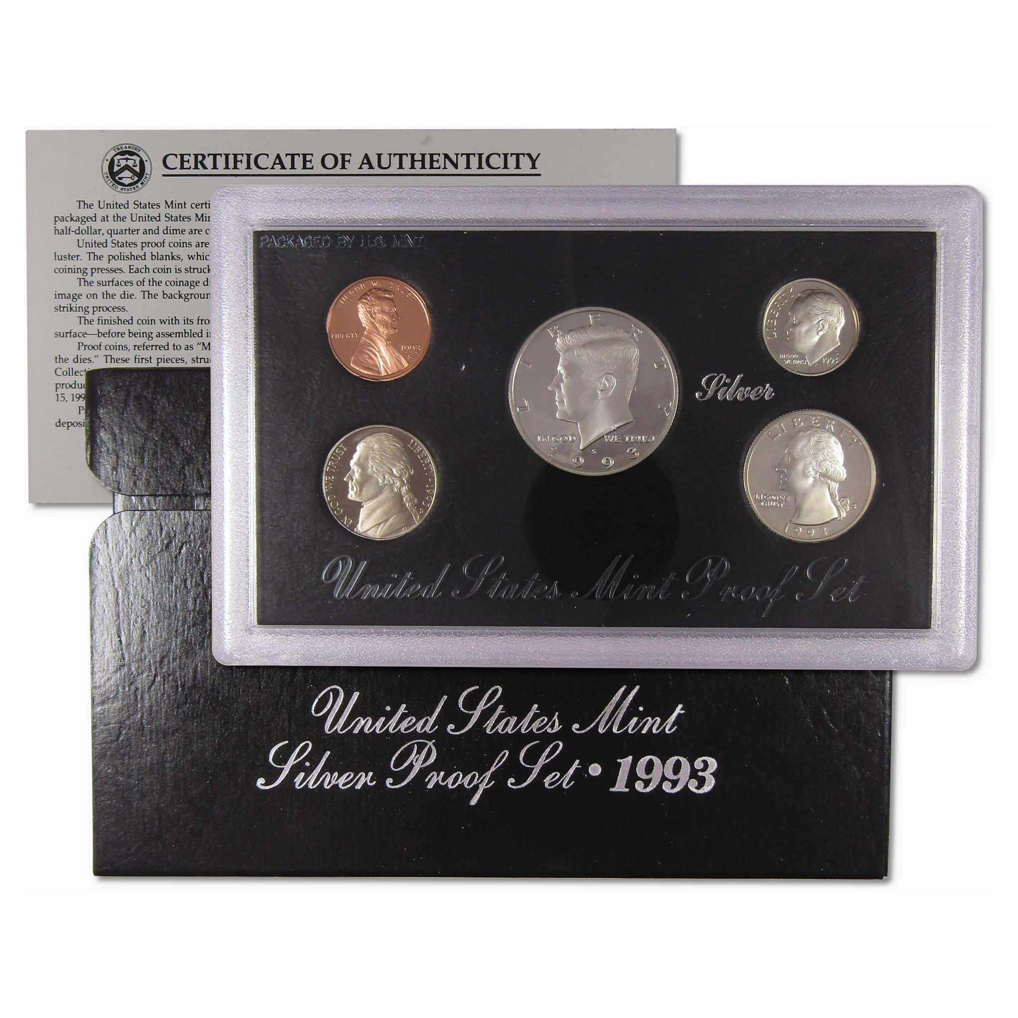 1993 United States Mint silver proof coin set with original box and certificate of authenticity