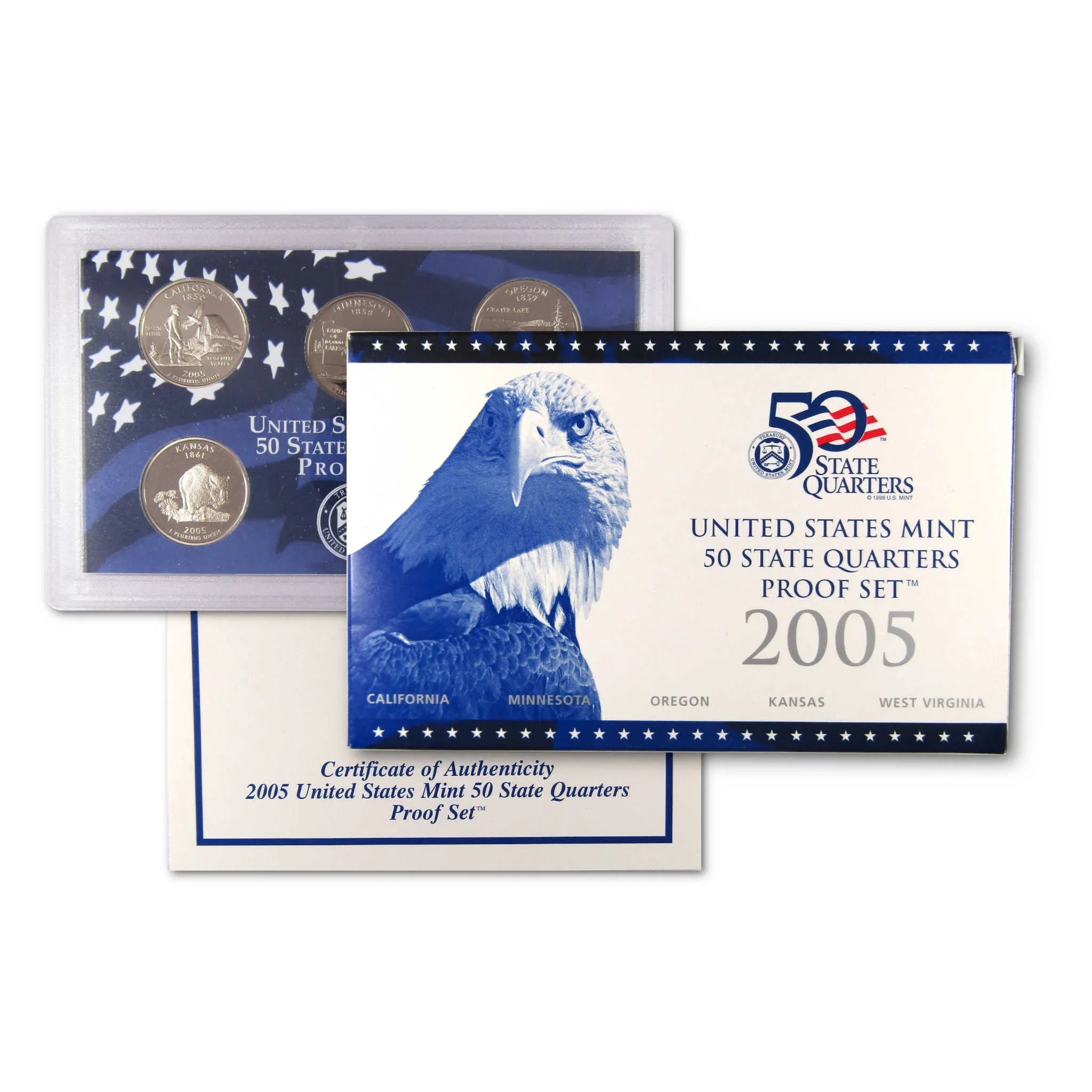 2005 United States Mint 50 State Quarters proof set with packaging and certificate