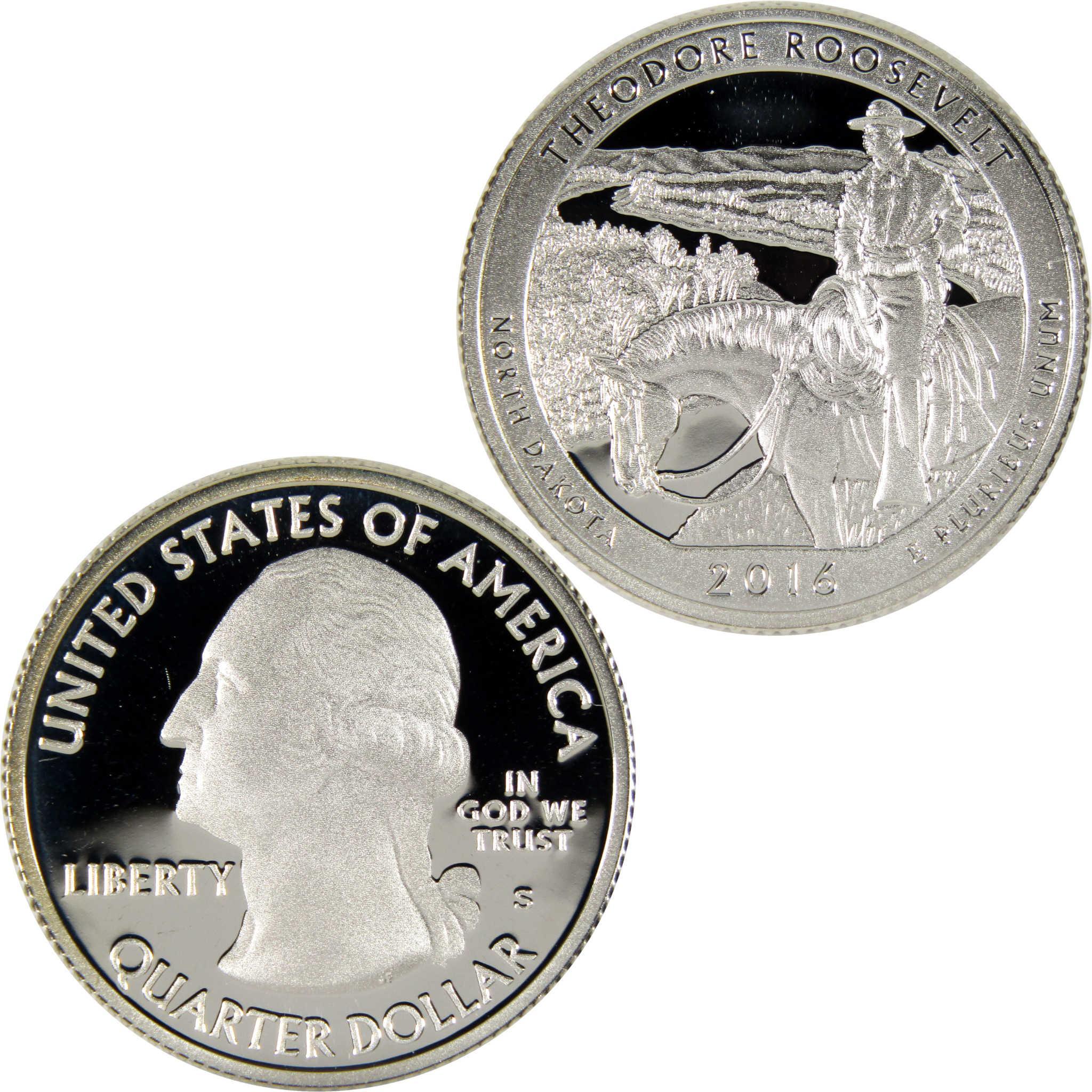 2016 Theodore Roosevelt North Dakota collectible quarter dollar coin, obverse and reverse