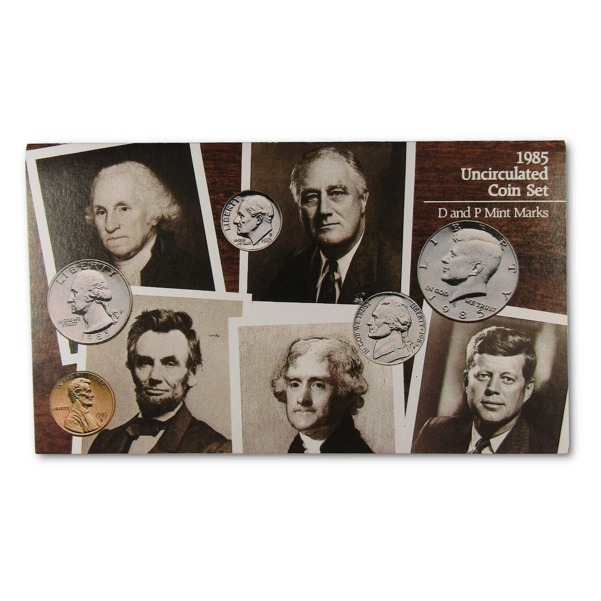 1985 uncirculated US coin set with portraits of presidents and visible D and P mint marks