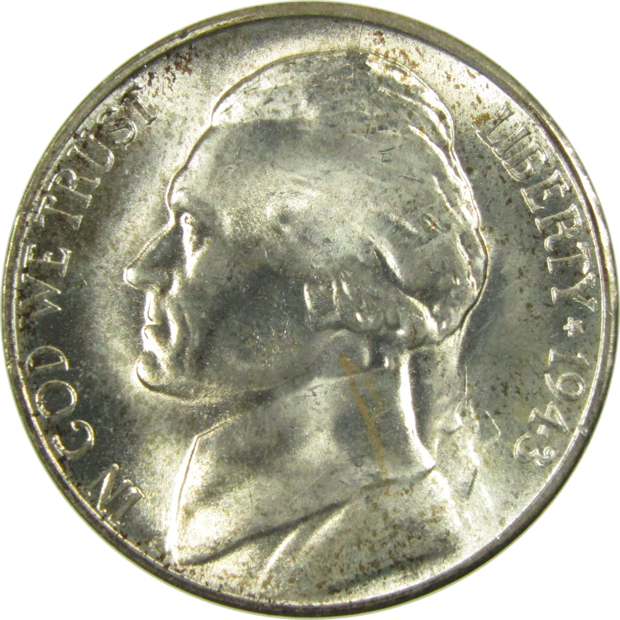 1943 S Jefferson Wartime Silver Nickel Uncirculated 5c Coin SKU:I28321