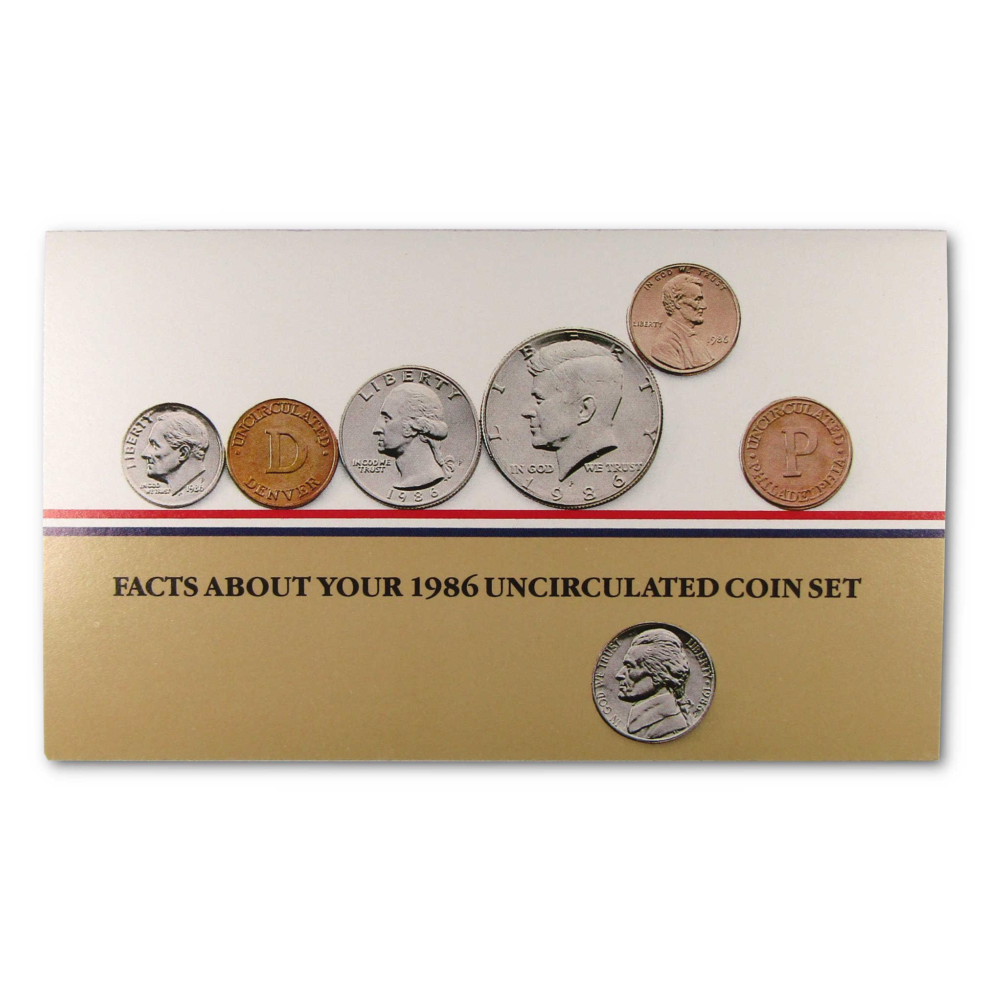 1986 uncirculated US coin set display with six collectible coins and info card