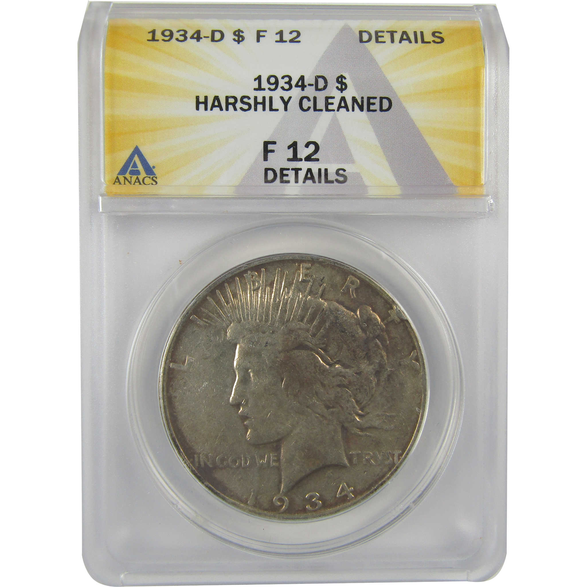 1934 D Peace Dollar F 12 Details ANACS Silver $1 Coin SKU:I21554