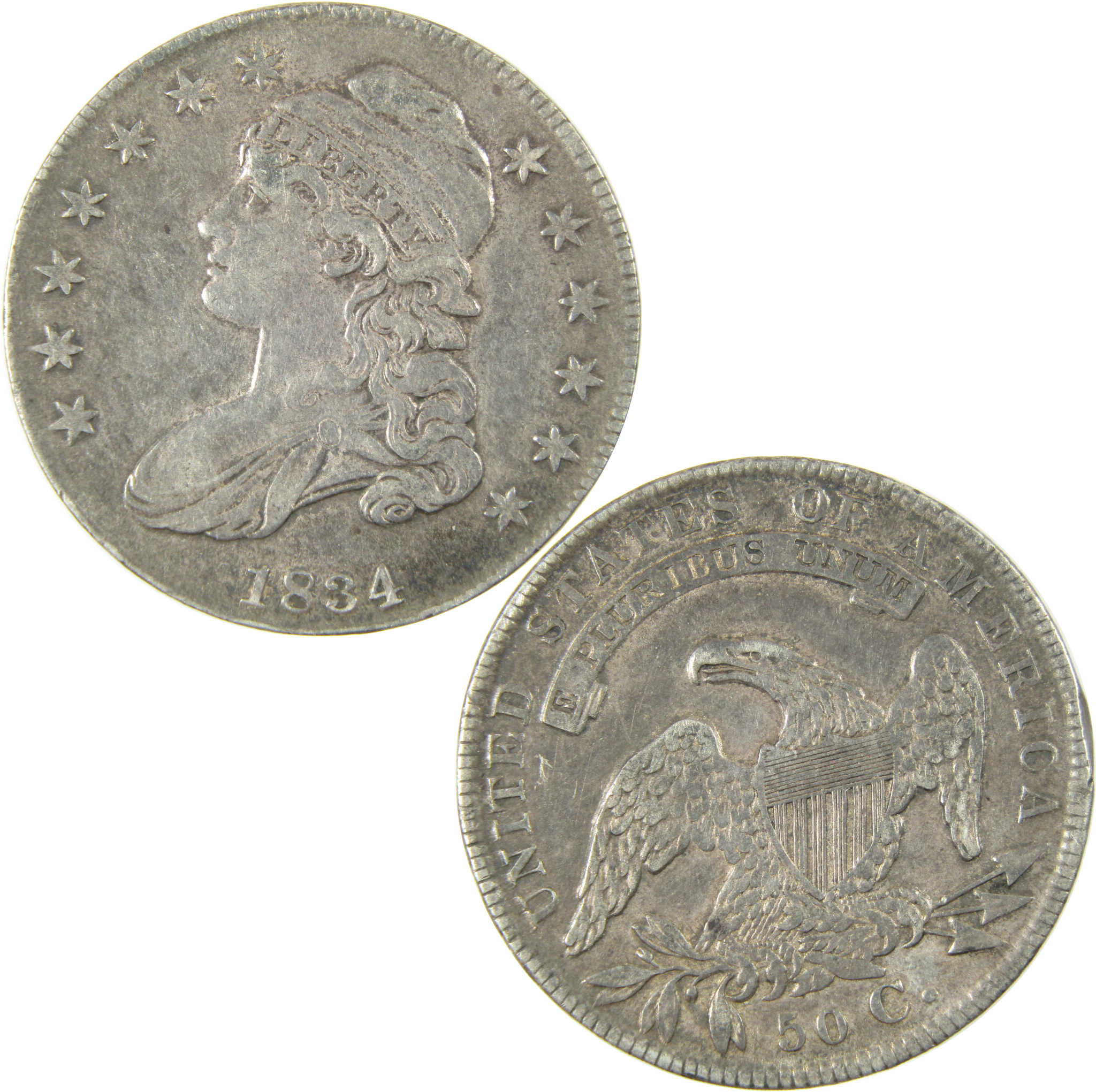 1834 Small Date Stars and Letters Capped Bust Silver 50c VF Very Fine
