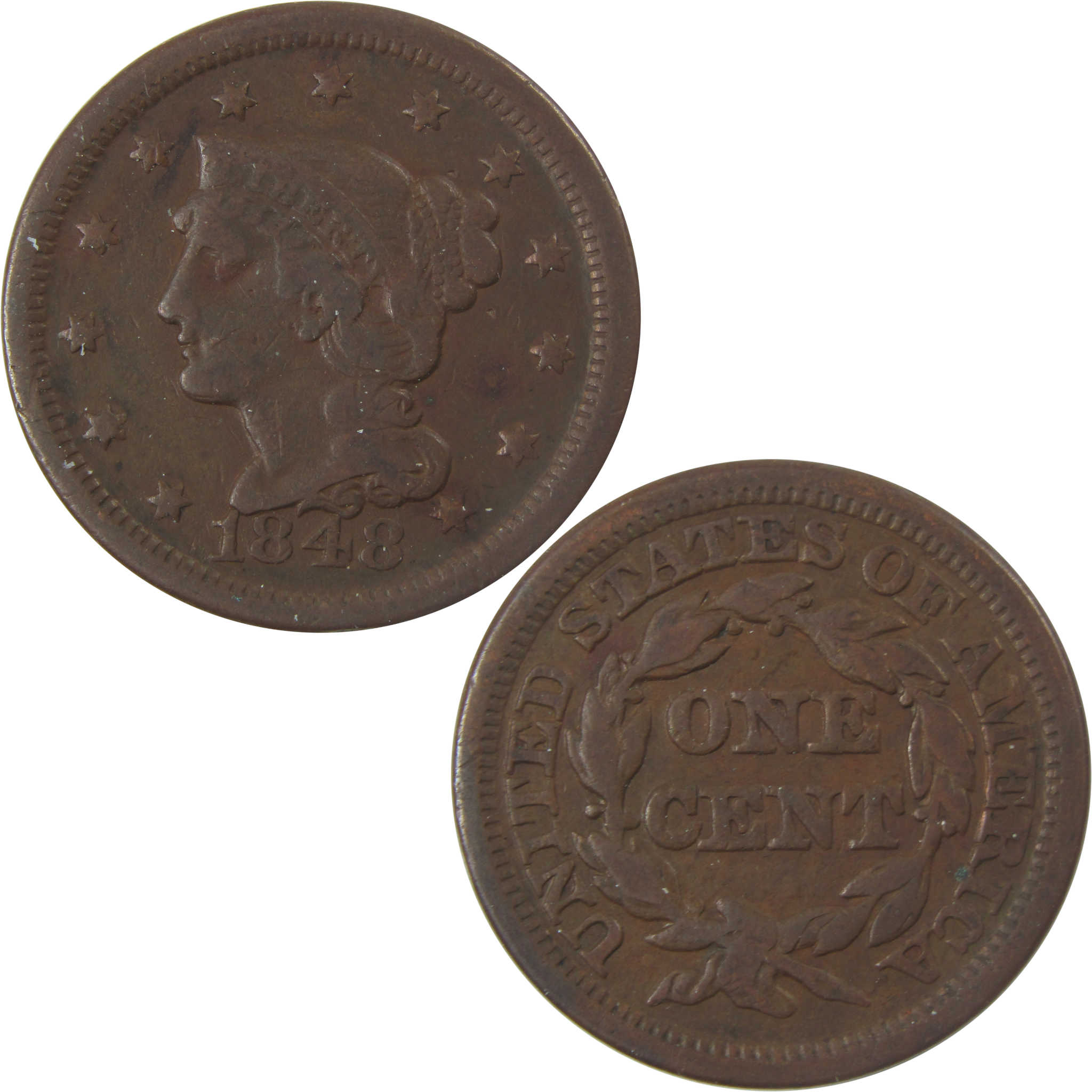 1848 Braided Hair Copper Large Cent F Fine Penny 1c Coin SKU:I25259