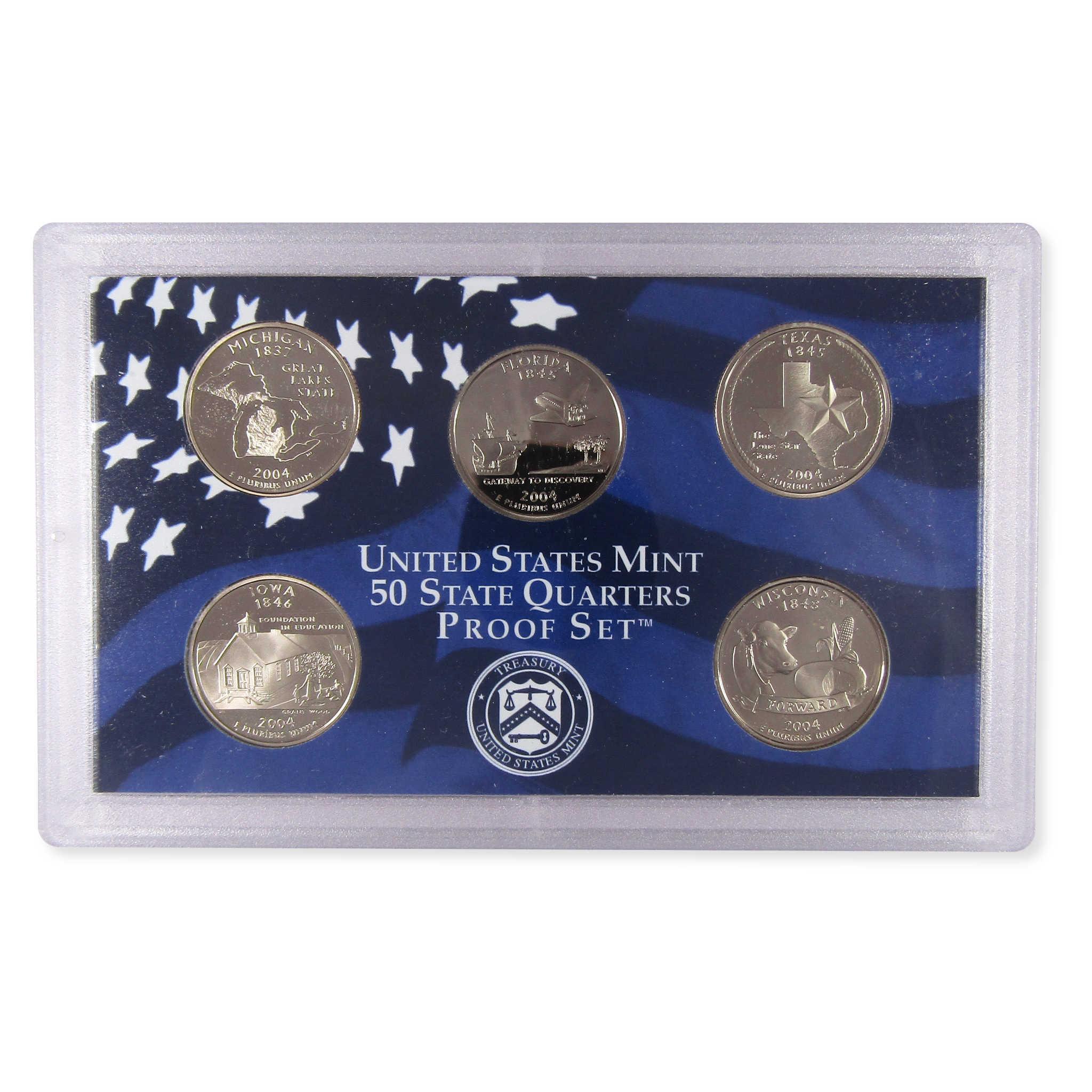 2004 United States Mint 50 State Quarters proof set in display case, five collectible coins