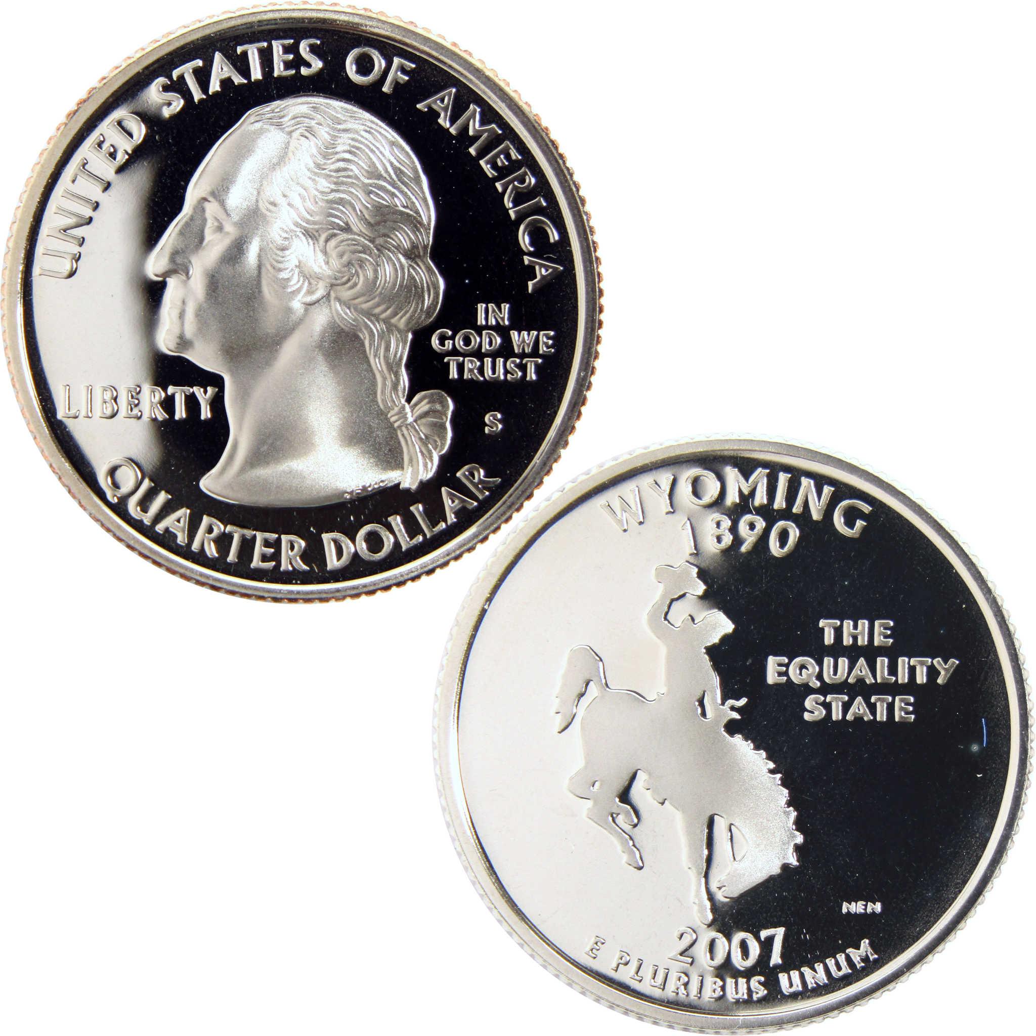 2007 Wyoming state quarter, collectible proof coin featuring a cowboy and George Washington.