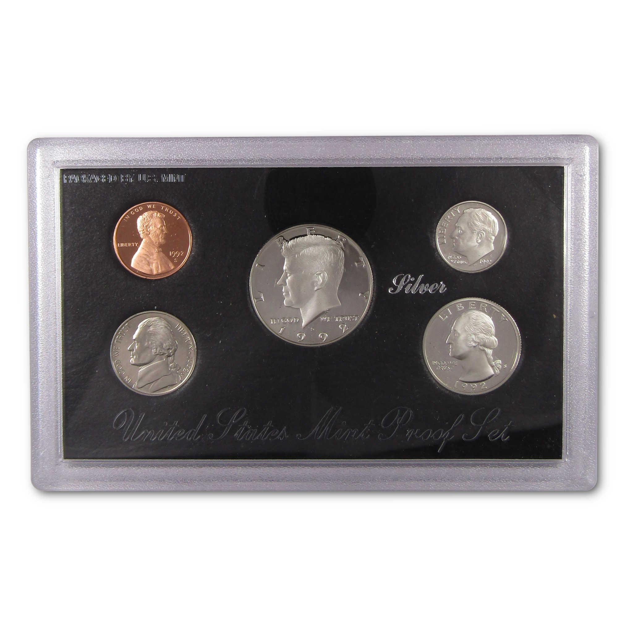 1972 US Mint silver proof coin set with five collectible coins in display case