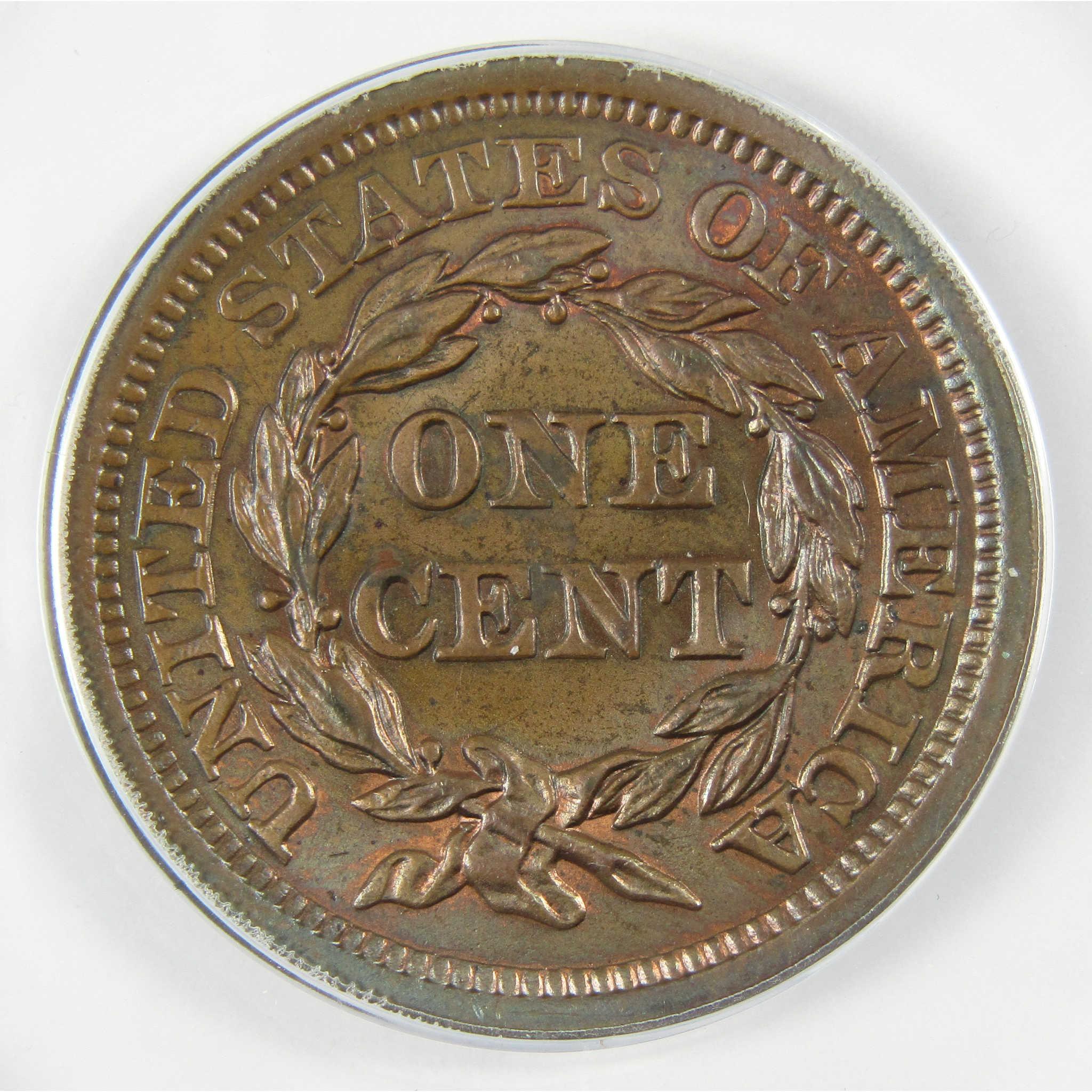 1855 Slanting 5's N-9 Braided Hair Cent AU 50 Details ANACS SKU:CP788
