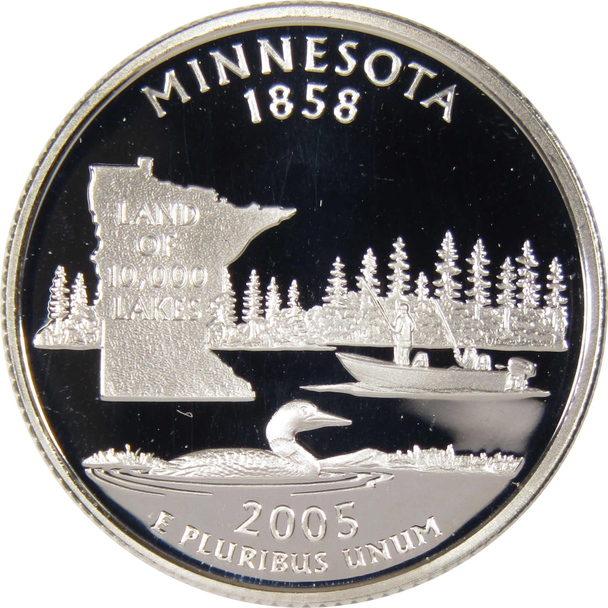 2005 Minnesota state quarter with map, loon, fishing boat, trees, collectible coin