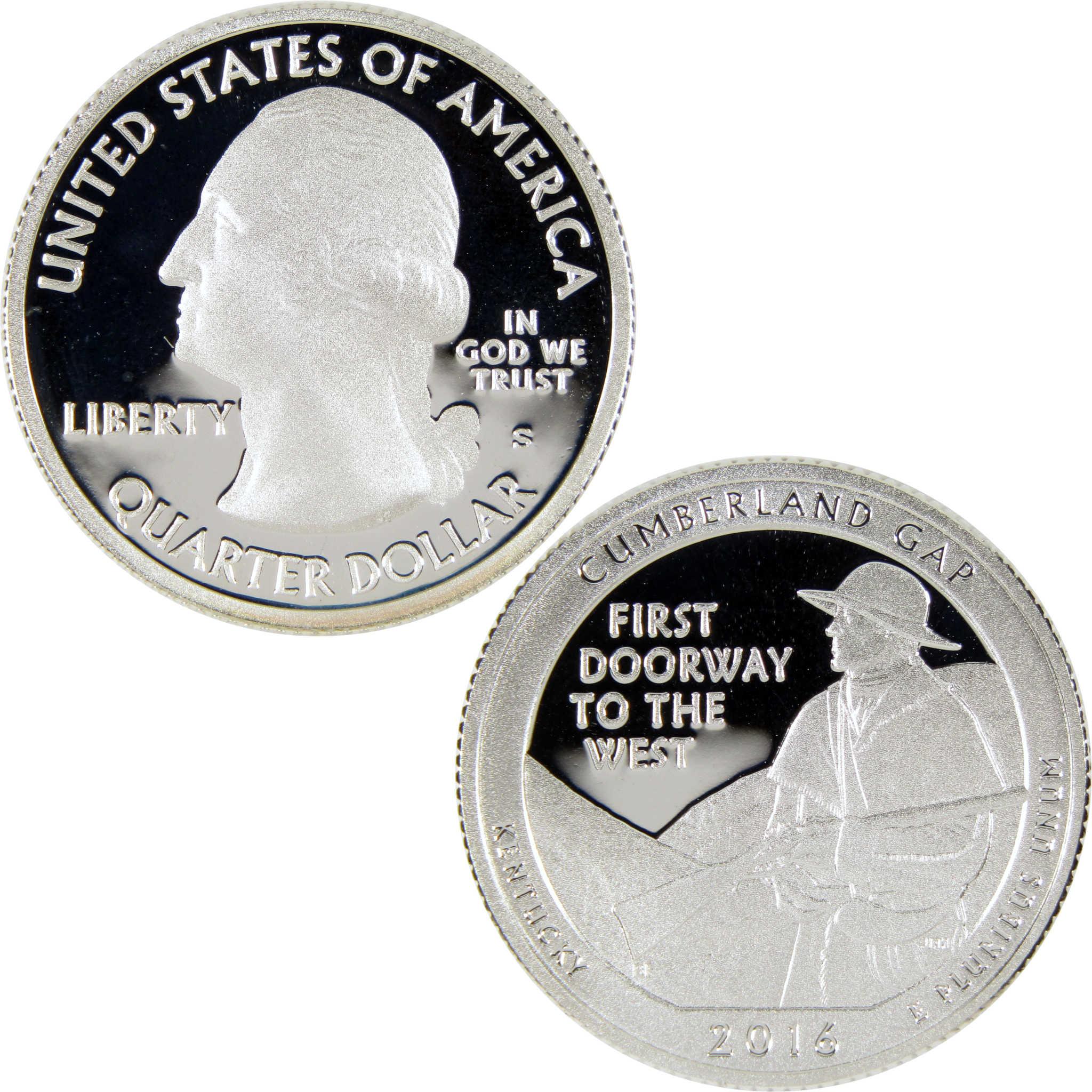 2016 Cumberland Gap quarter dollar coin with explorer design and profile of Washington