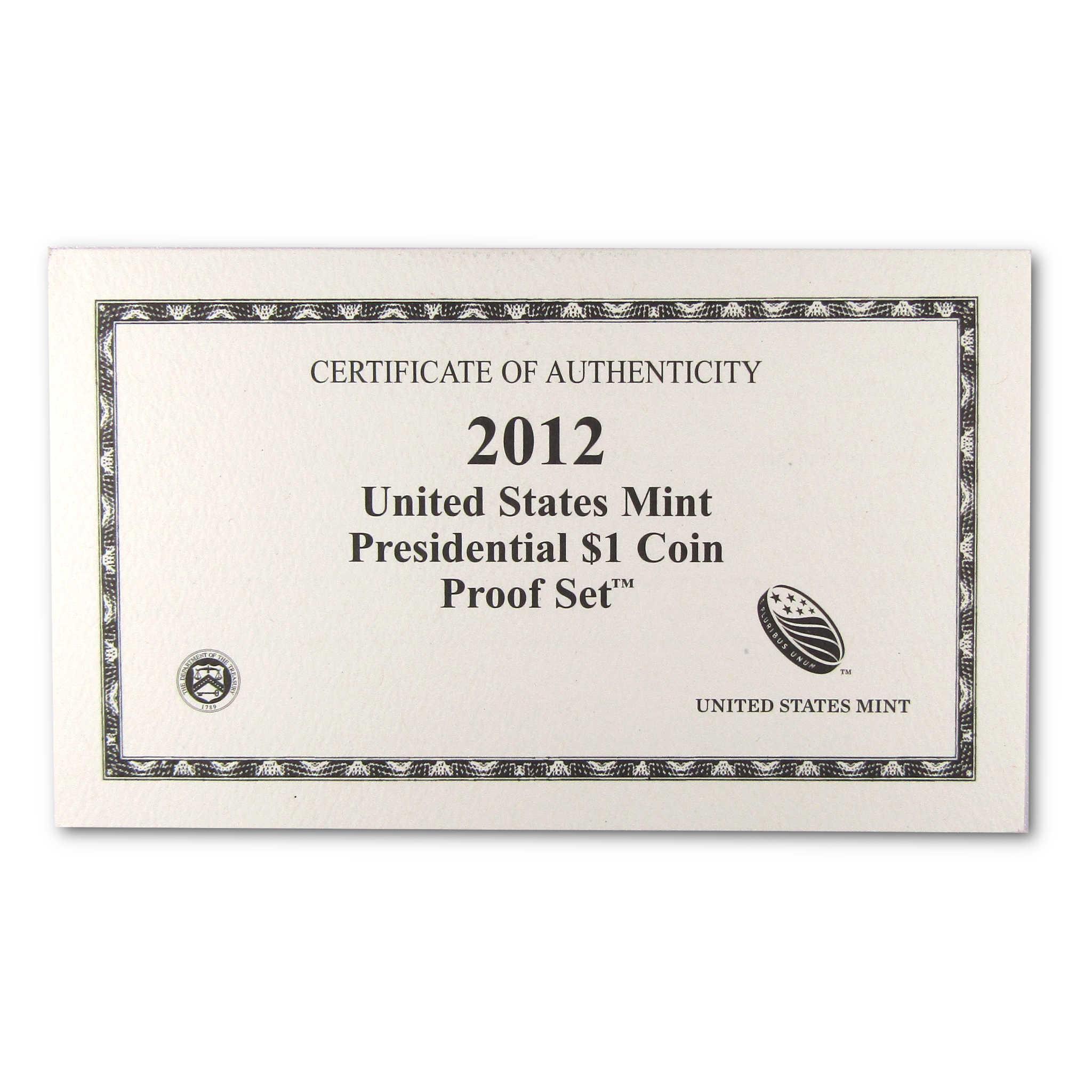 2012 United States Mint Presidential $1 Coin Proof Set certificate of authenticity