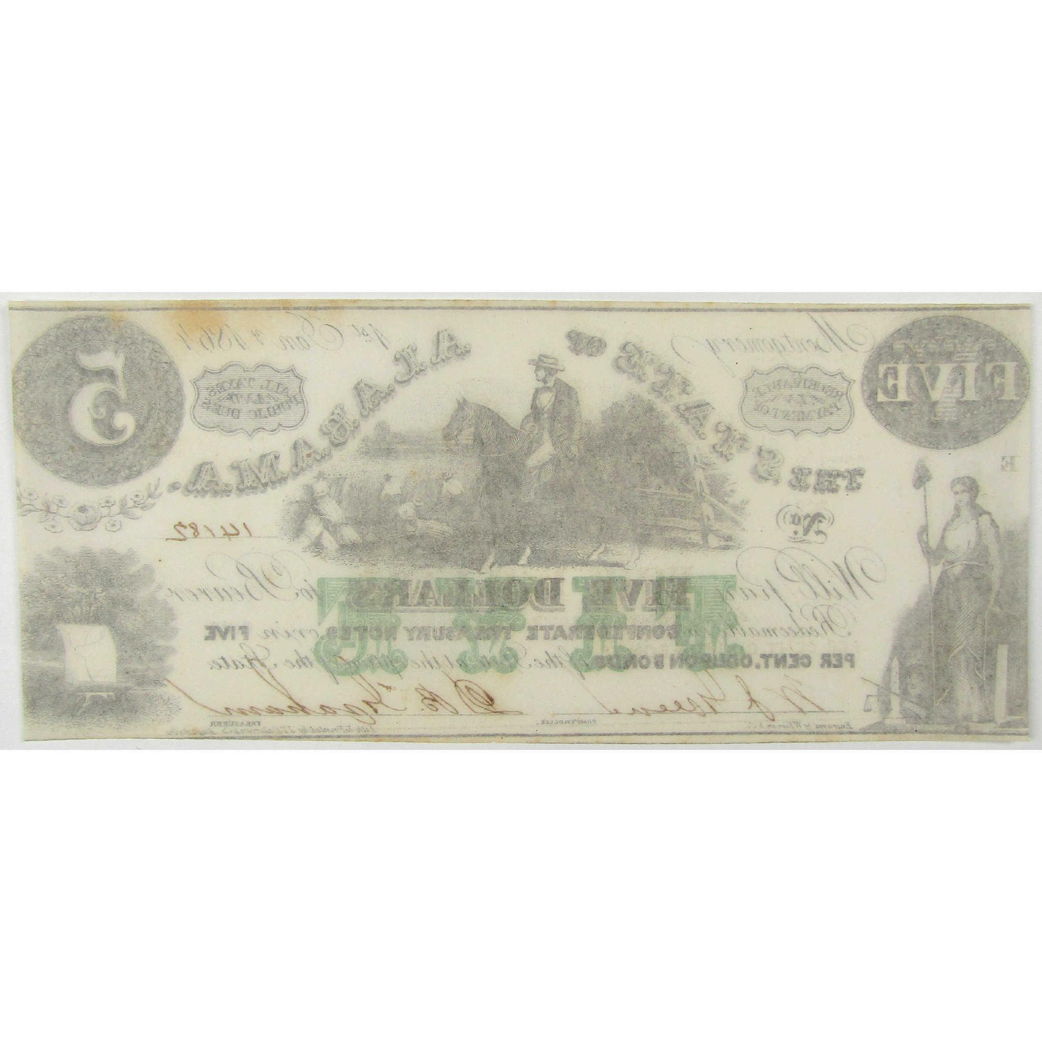 1864 $5 Montgomery The State of Alabama Obsolete Note Currency