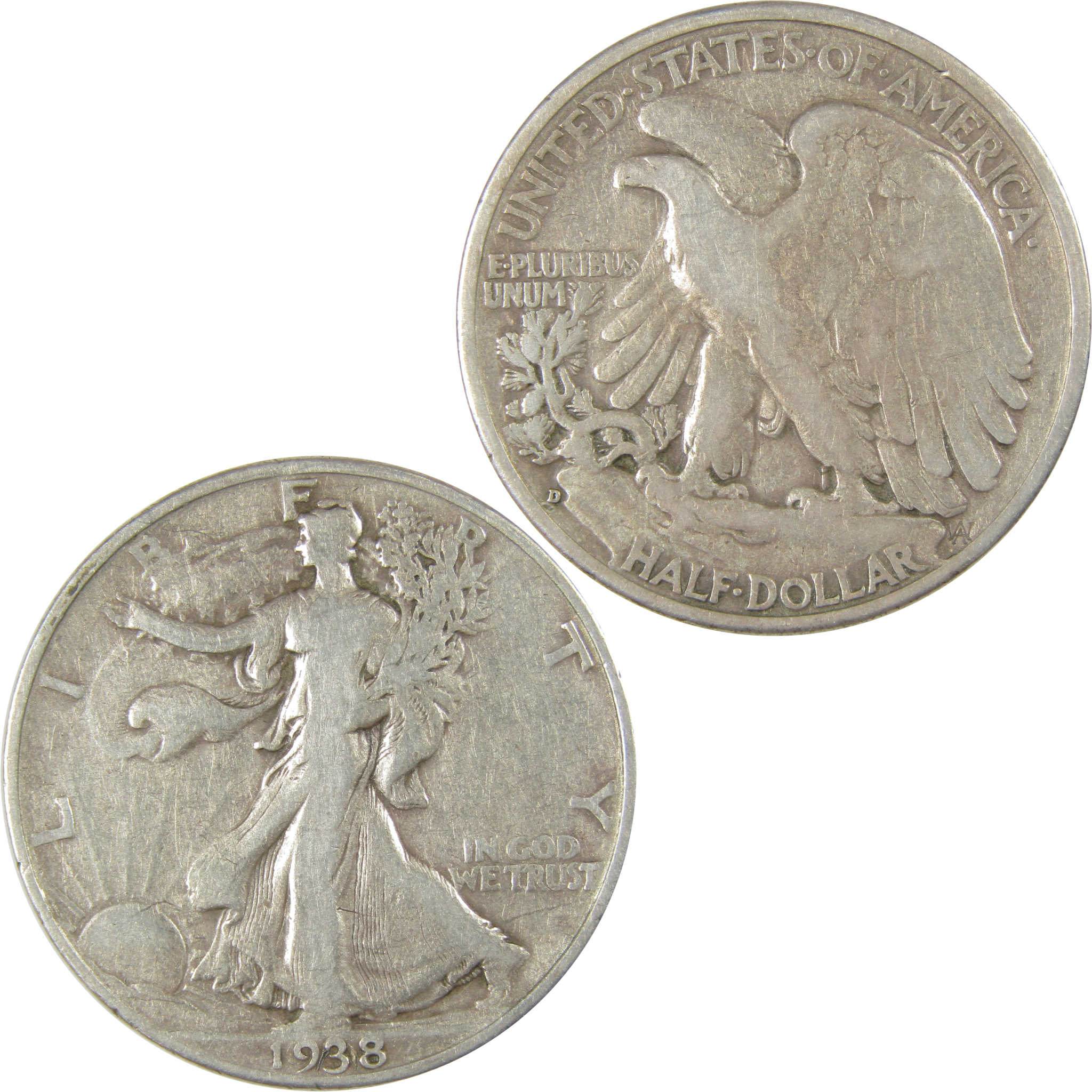 1938 D Liberty Walking Half Dollar F Fine Silver 50c Coin SKU:CP14