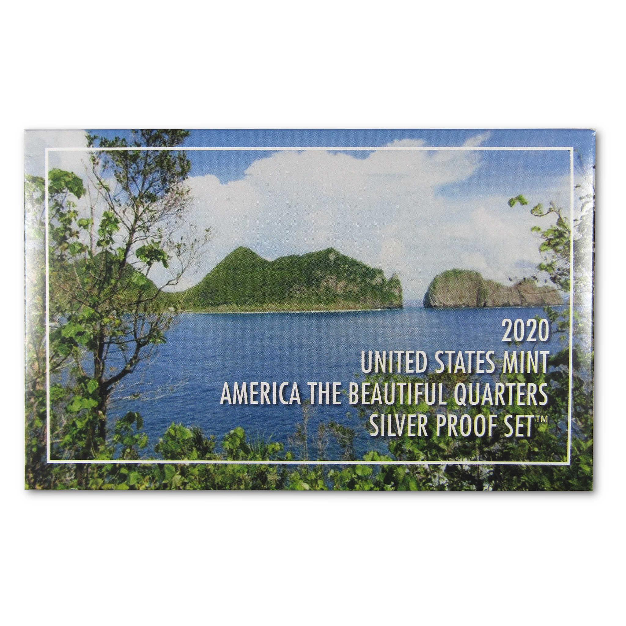 2020 United States Mint America the Beautiful Quarters Silver Proof Set packaging with scenic landscape