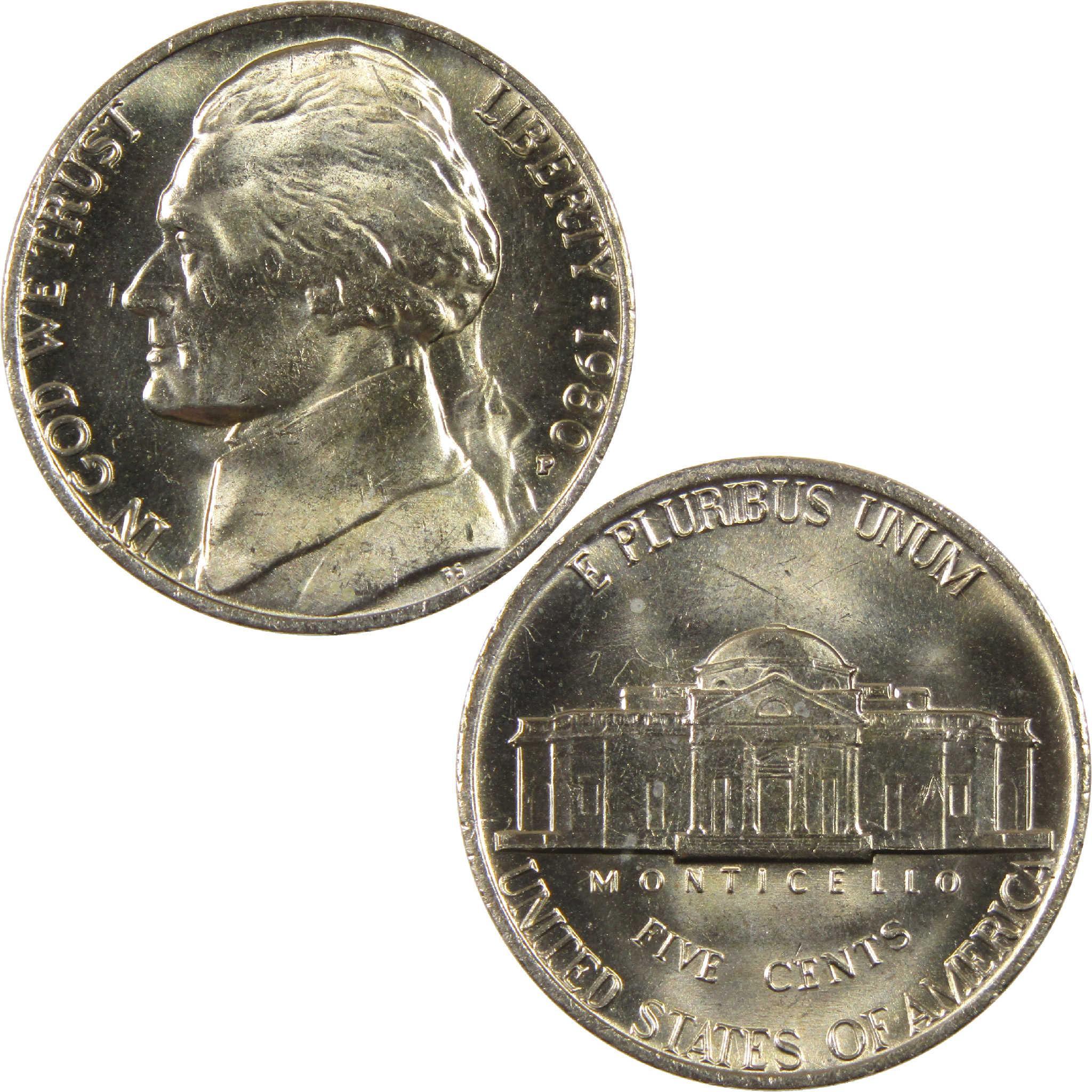 1980 Jefferson nickel showing obverse portrait and Monticello reverse, collectible coin