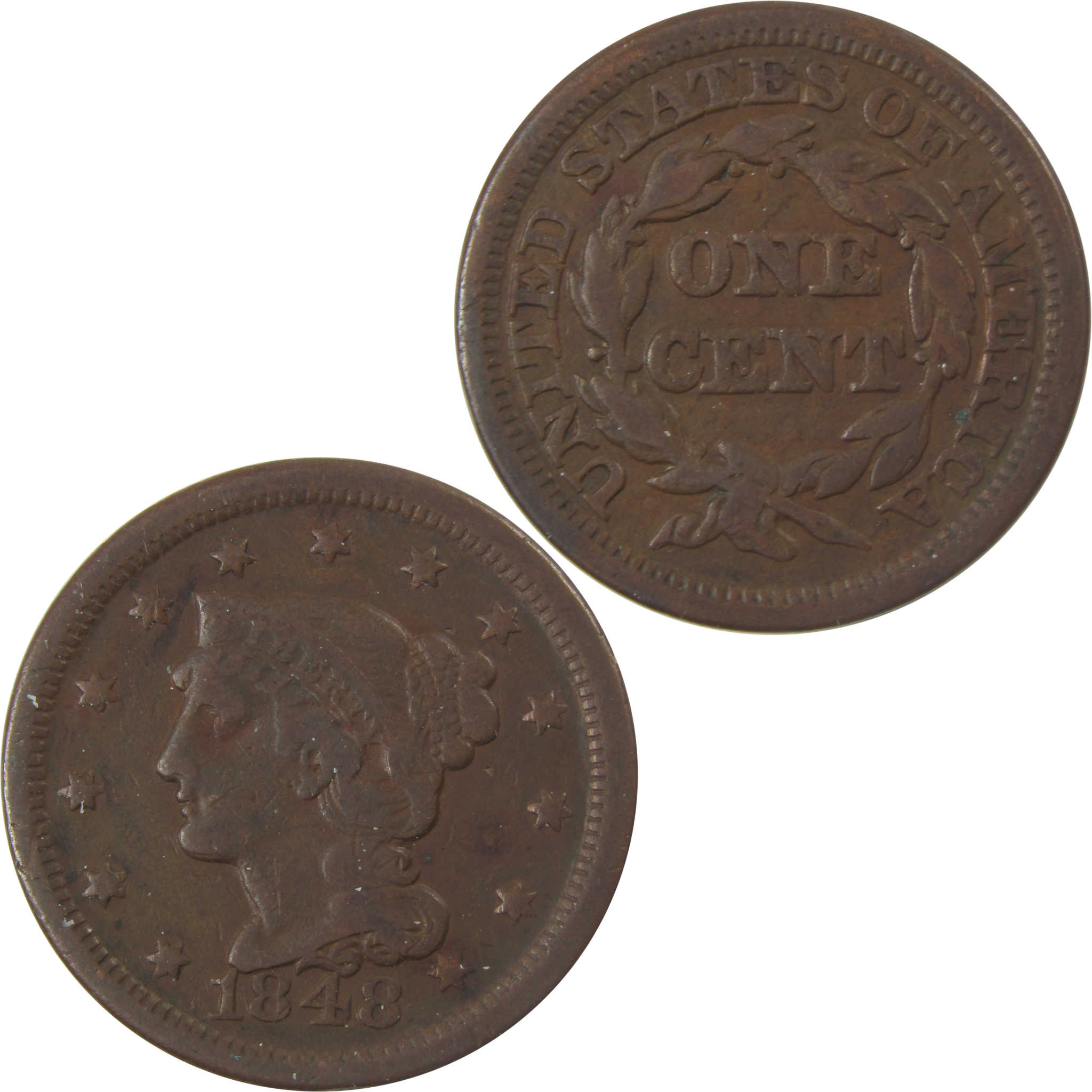 1848 Braided Hair Copper Large Cent F Fine Penny 1c Coin SKU:I25259