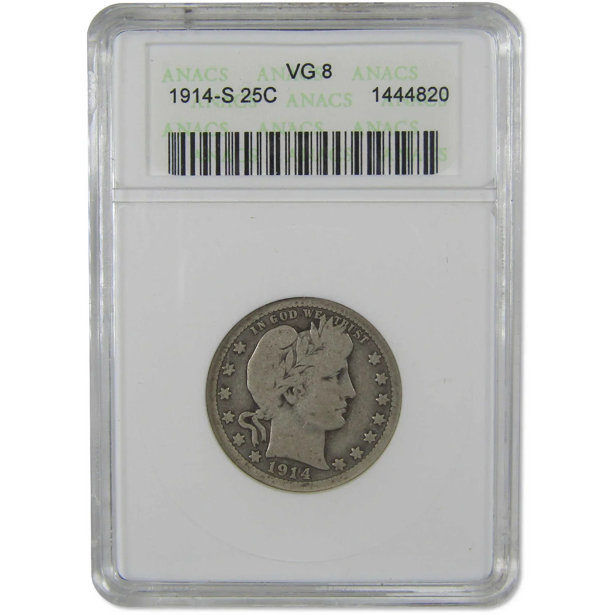 1914 S Barber Silver Quarter VG 8 ANACS 25c Coin Collectible
