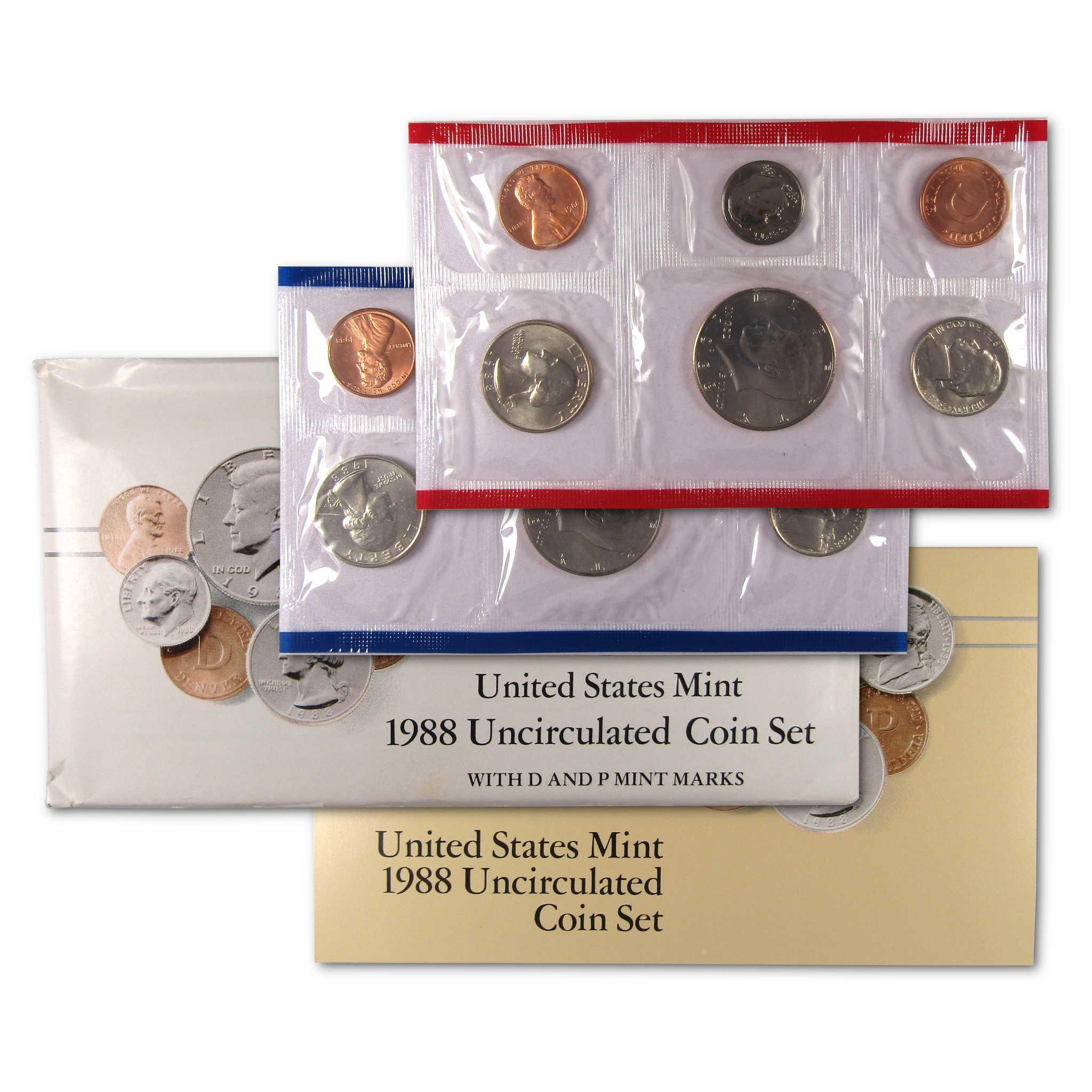 1988 United States Mint uncirculated coin set with original packaging and coin sleeves