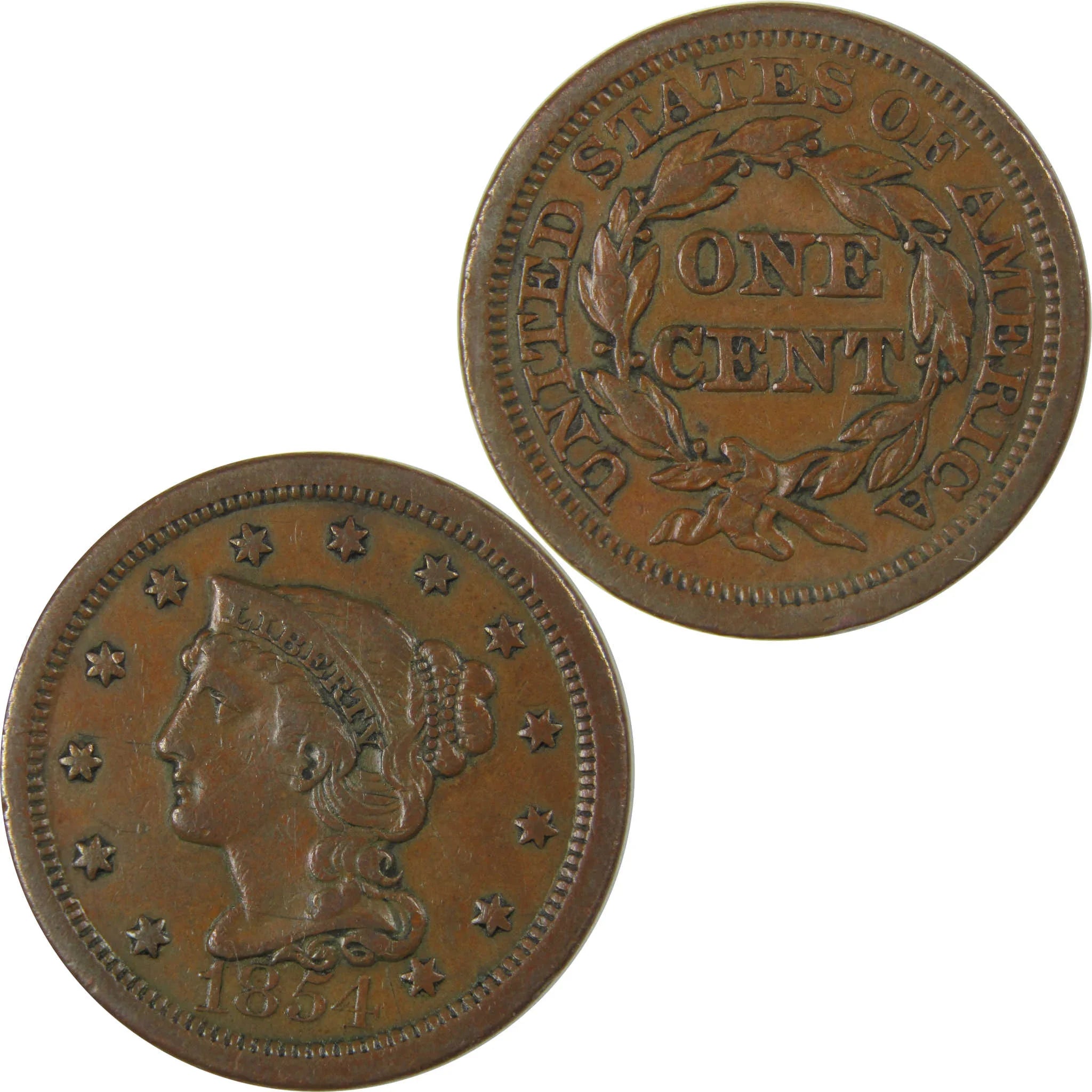 1854 Braided Hair Copper Large Cent XF EF Penny 1c Coin SKU:I23980