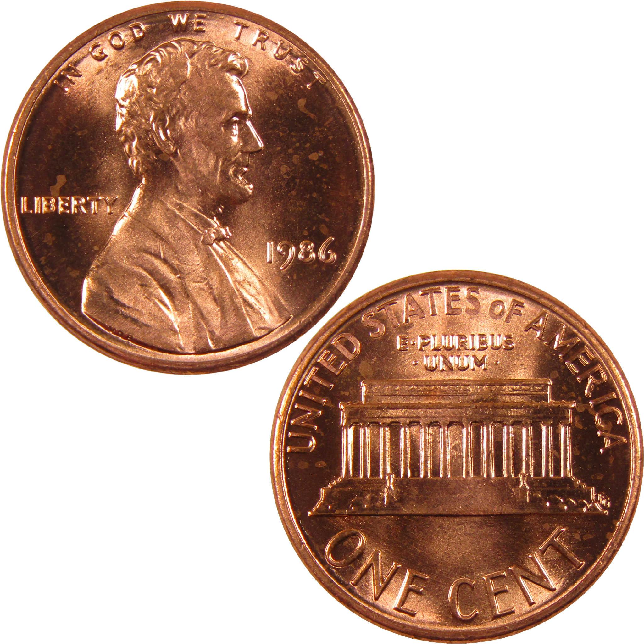 1986 Lincoln one cent collectible coin front and back, copper penny with Lincoln Memorial