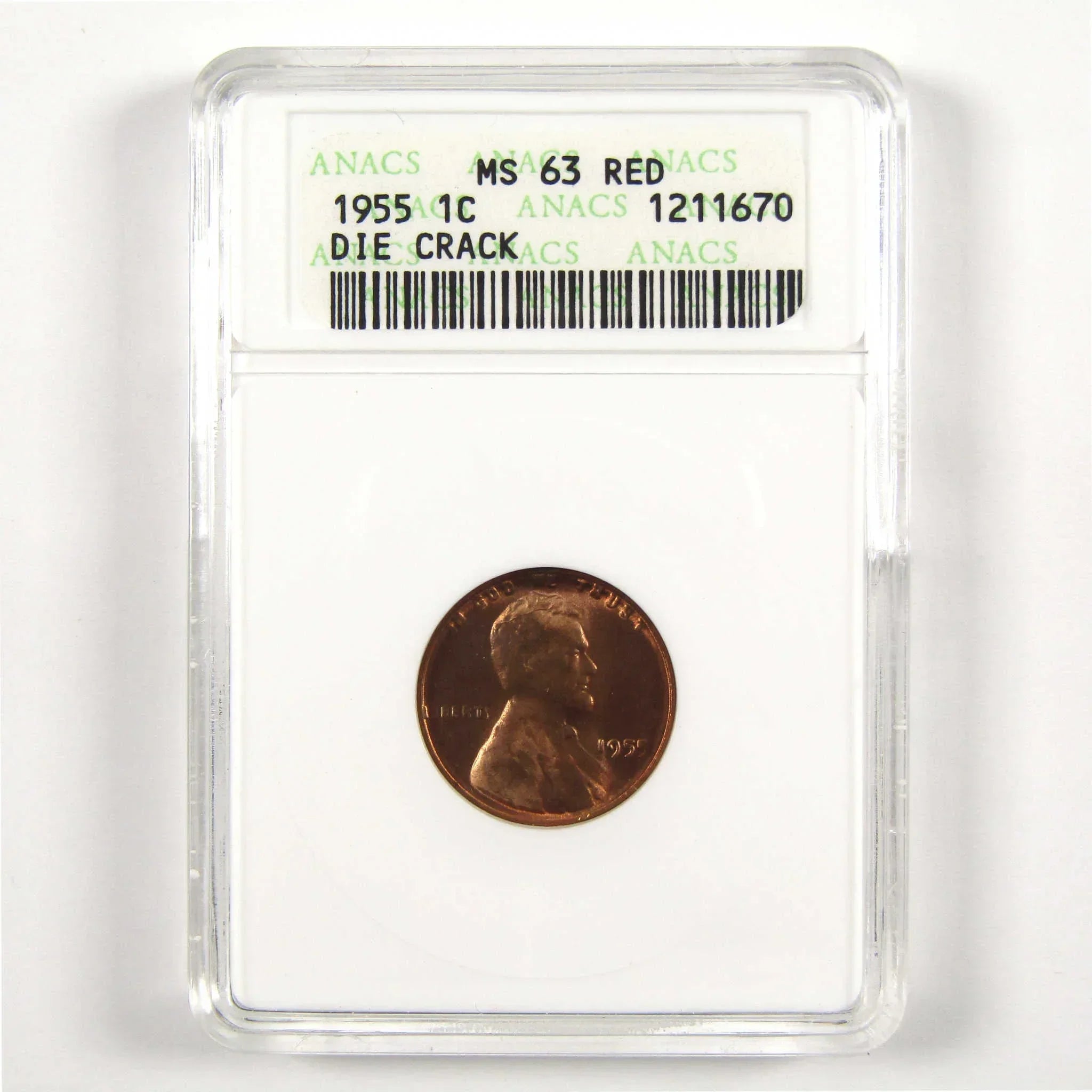 1955 Lincoln cent graded MS63 Red in ANACS holder, collectible coin with die crack
