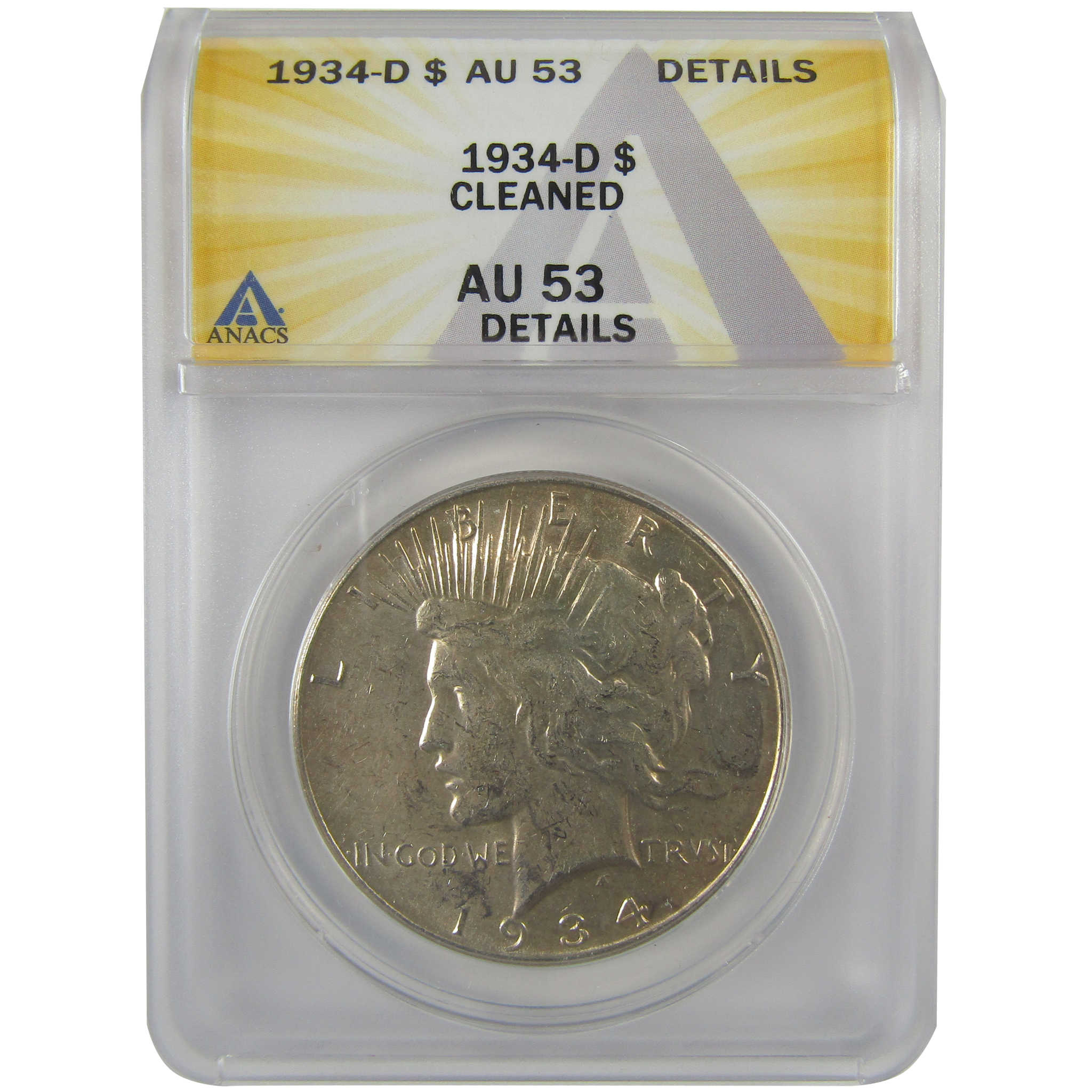 1934 D Peace Dollar AU 53 Details ANACS Silver $1 Coin SKU:I21596