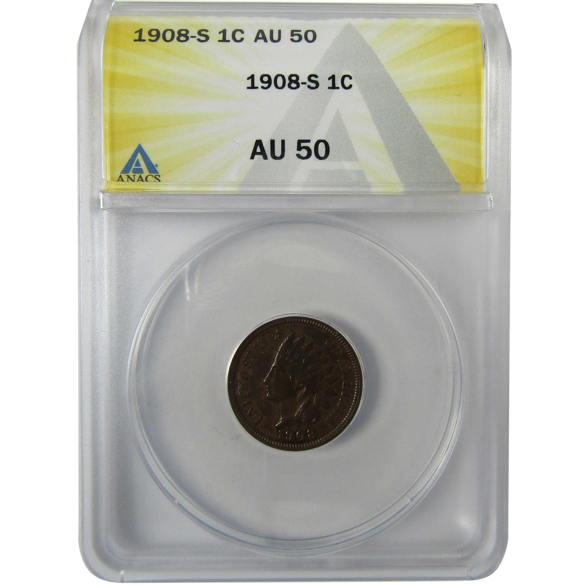 1908 S Indian Head Cent AU 50 ANACS Penny 1c Coin SKU:I27943