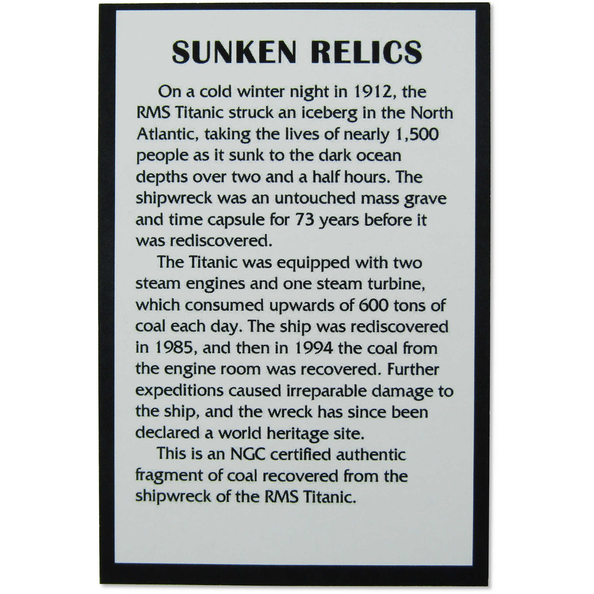 Coal Recovered from the RMS Titanic Sunken Relics NGC SKU:OPC129