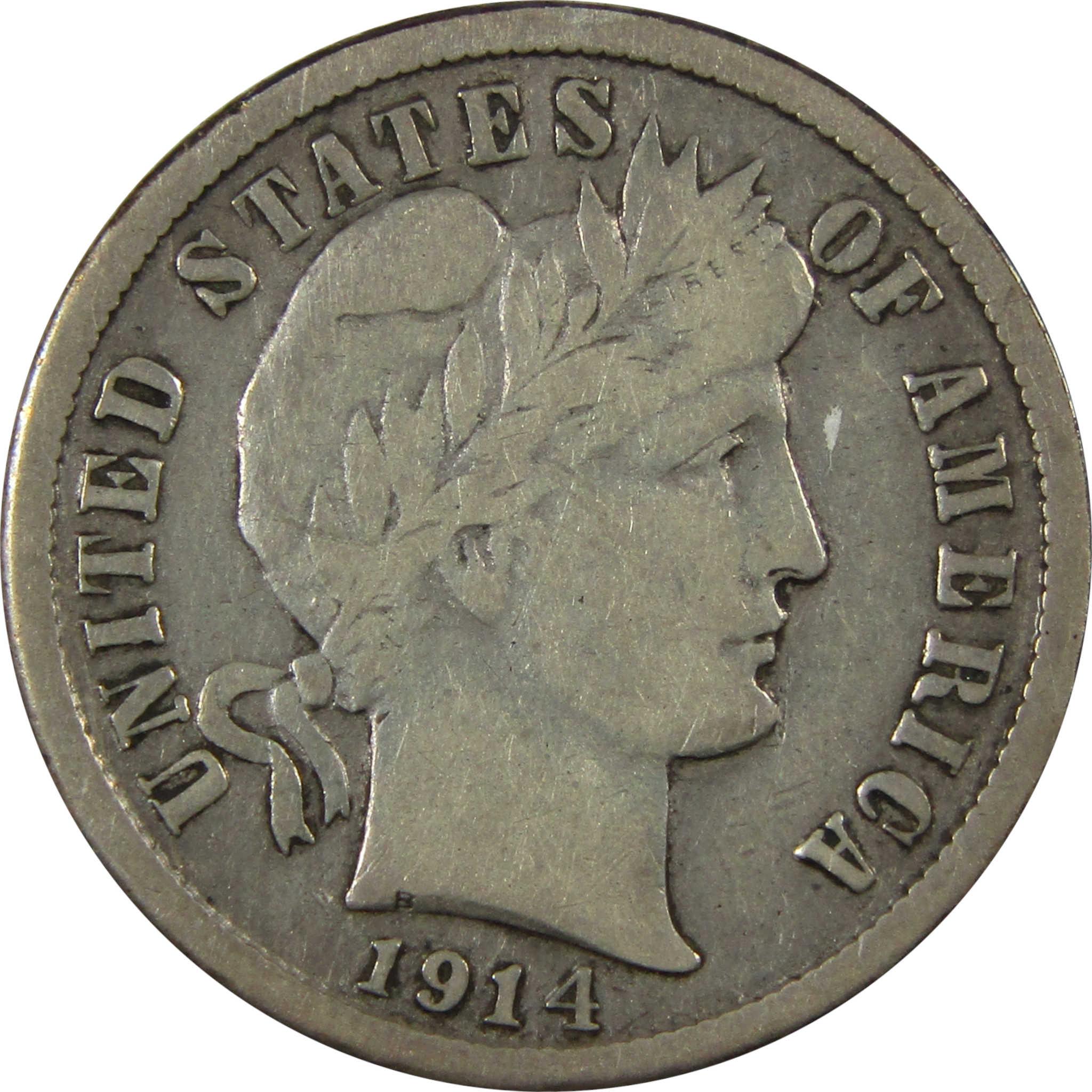 1914 S Barber Silver Dime F Fine Details 10c Coin SKU:CP1344