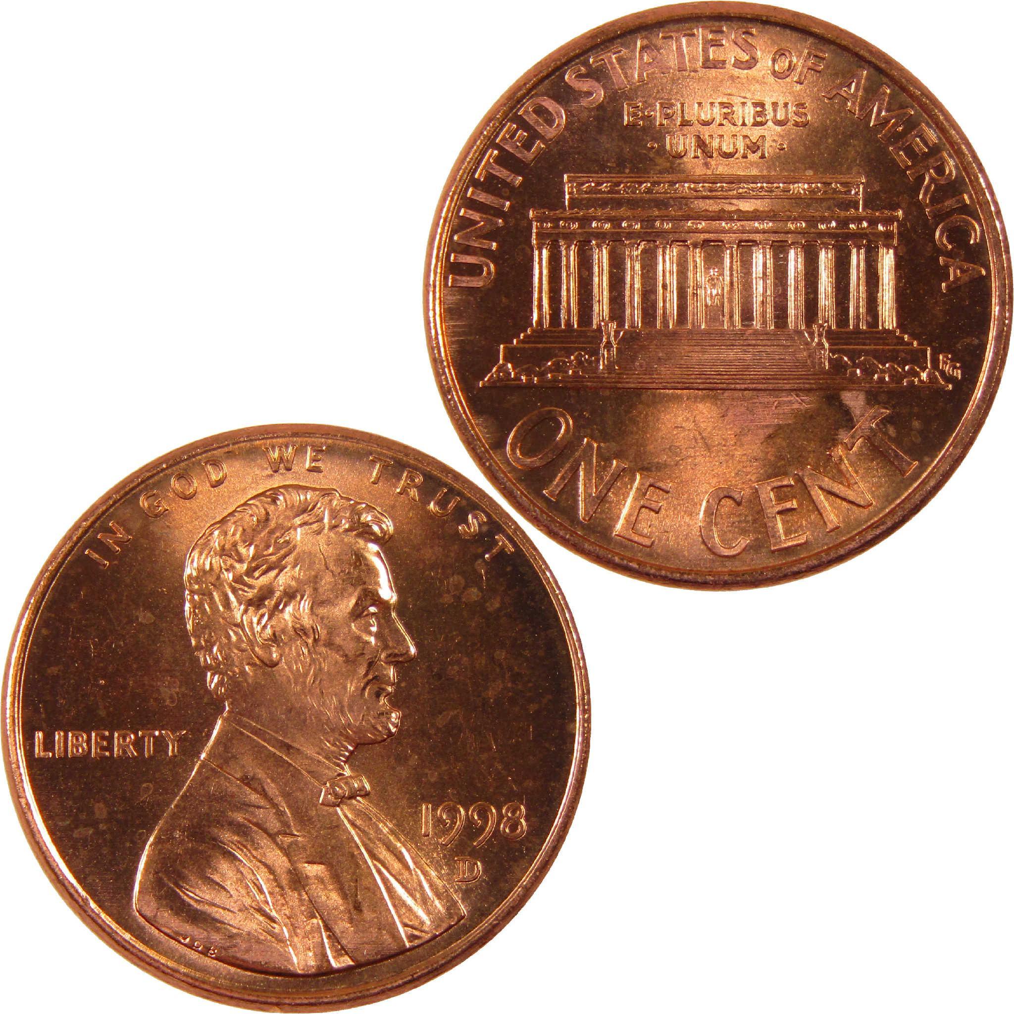 1998 Lincoln penny collectible coin, obverse with Lincoln portrait, reverse with Lincoln Memorial