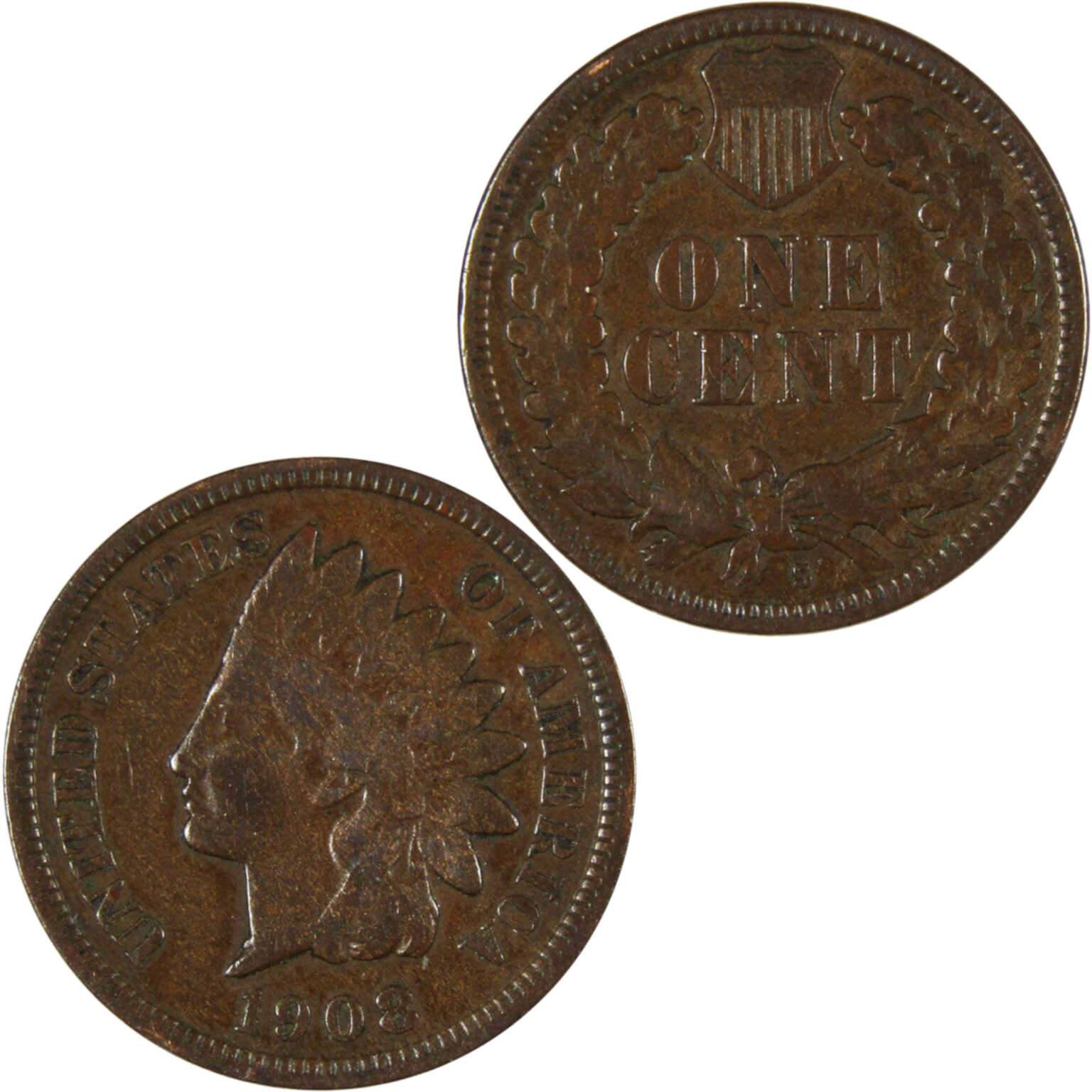 1908 S Indian Head Cent F Fine Penny 1c Coin