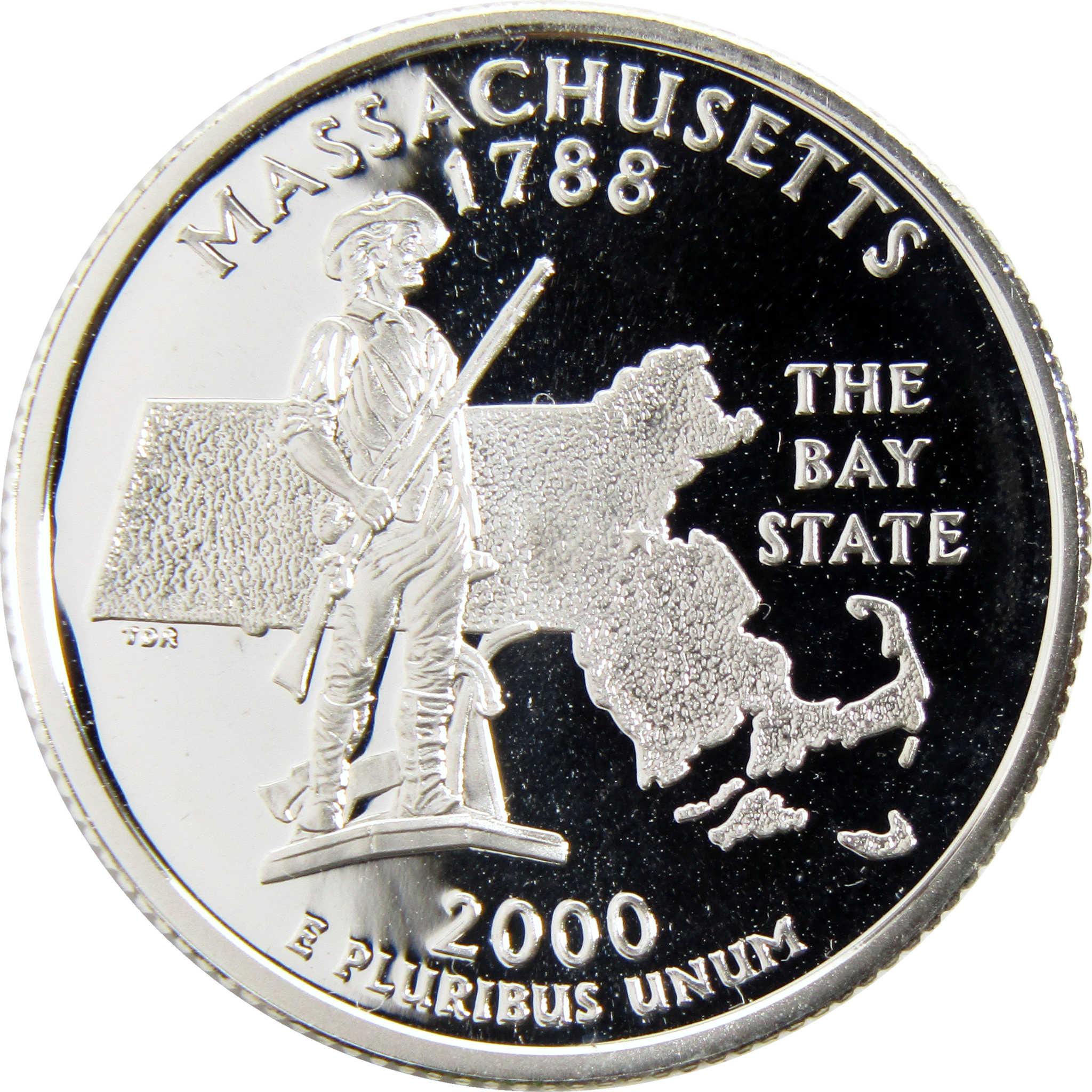 2000 Massachusetts state quarter coin featuring a Minuteman and state outline, collectible currency