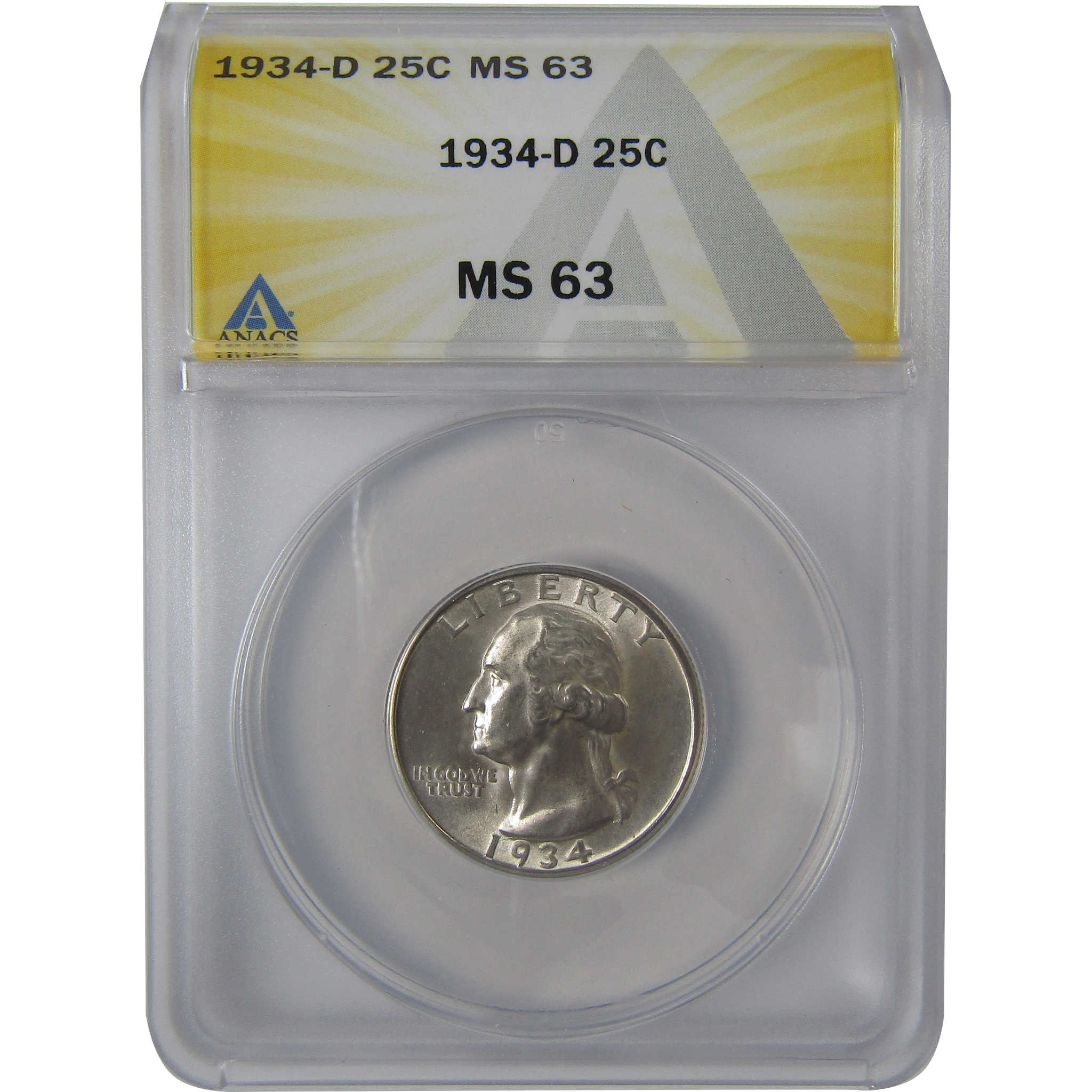 1934 D Heavy Motto Washington Quarter MS 63 ANACS Silver SKU:I23639