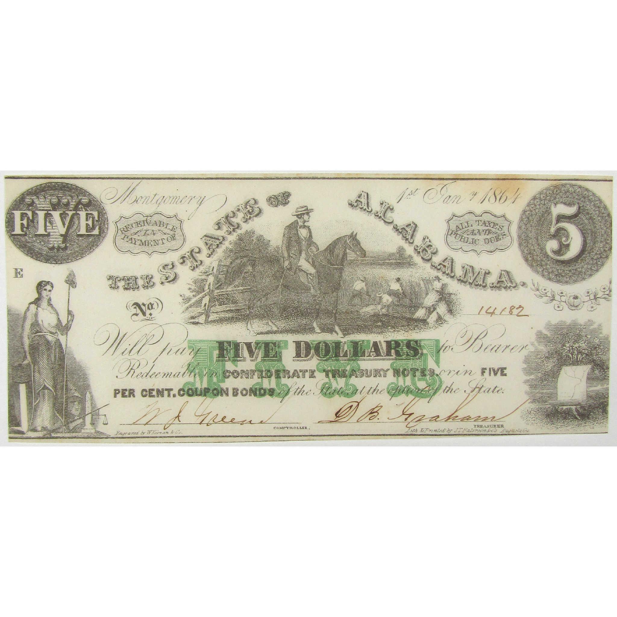 1864 $5 Montgomery The State of Alabama Obsolete Note Currency