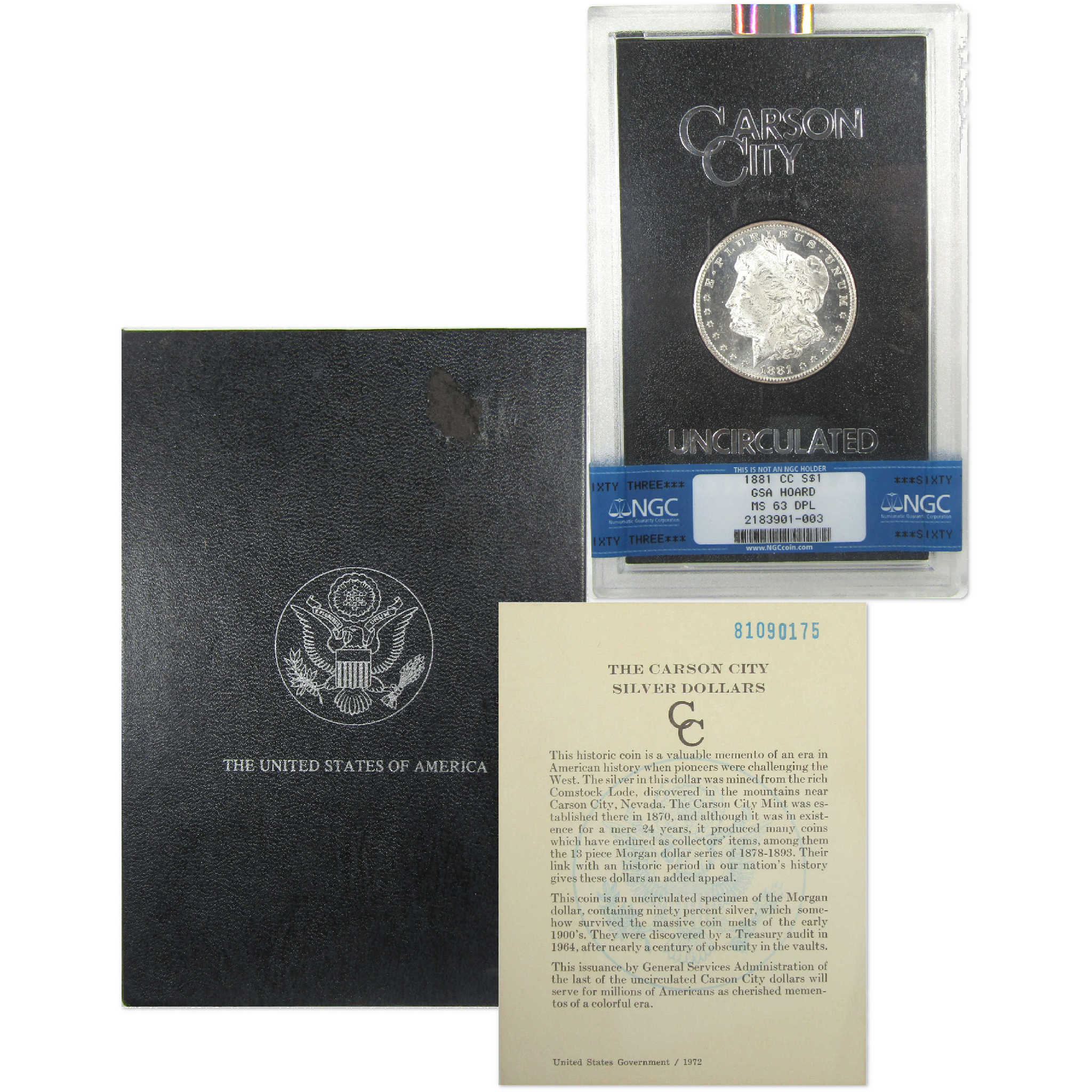 1881 CC GSA Morgan Silver Dollar MS 63 DPL NGC $1 Coin OGP SKU:I23784