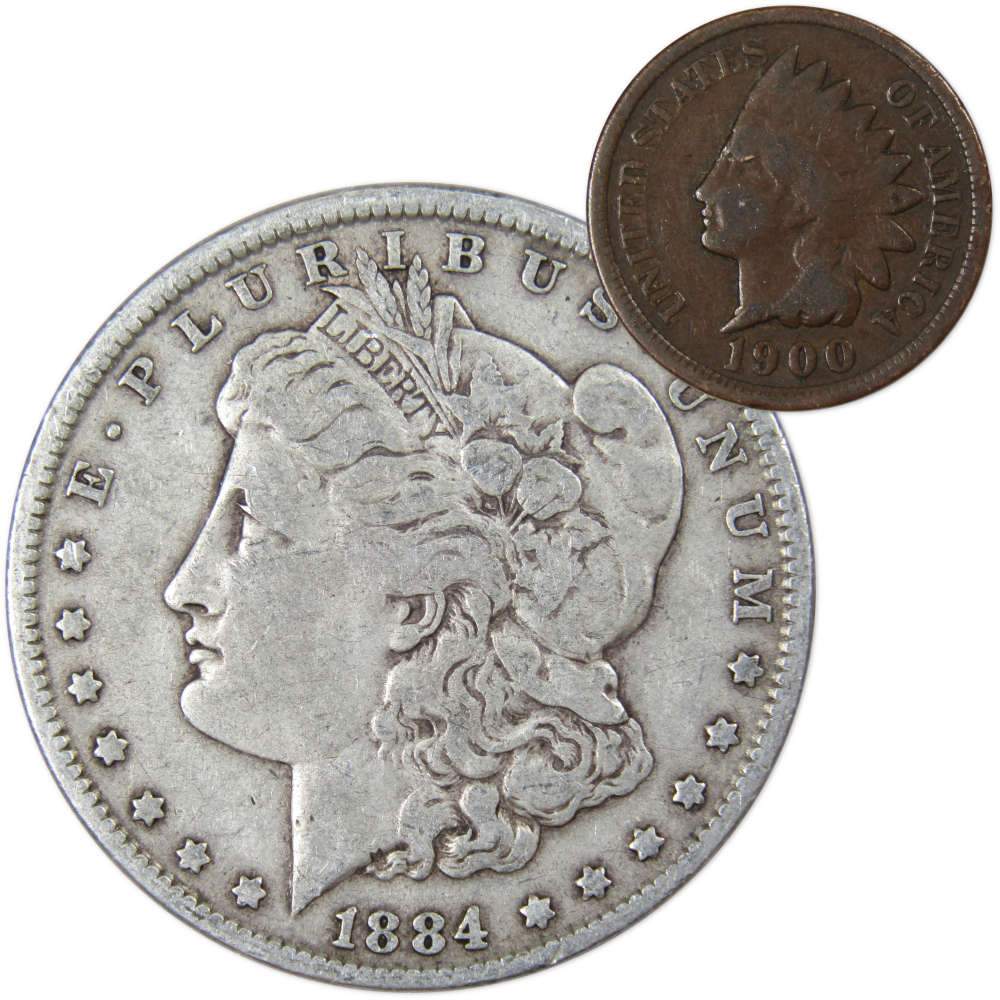 1884 Morgan Silver Dollar F Fine with 1900 Indian Head Cent Good - Morgan coin - Morgan silver dollar - Morgan silver dollar for sale - Profile Coins & Collectibles