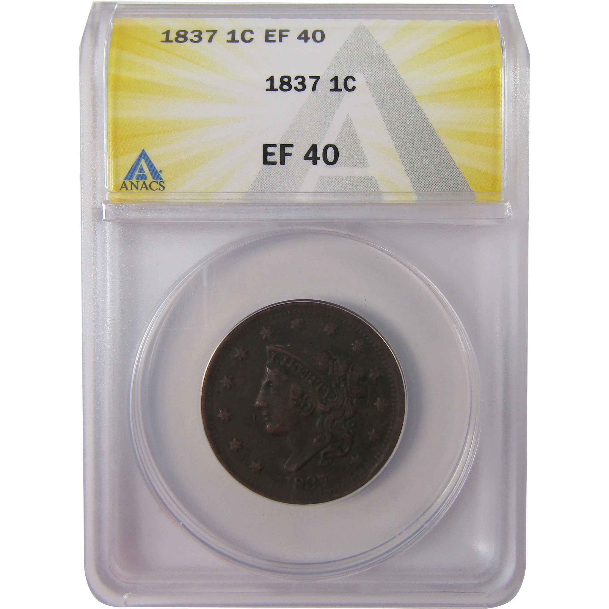 1837 Head of 1838 Beaded Cord Coronet Head Cent EF 40 ANACS SKU:I25620