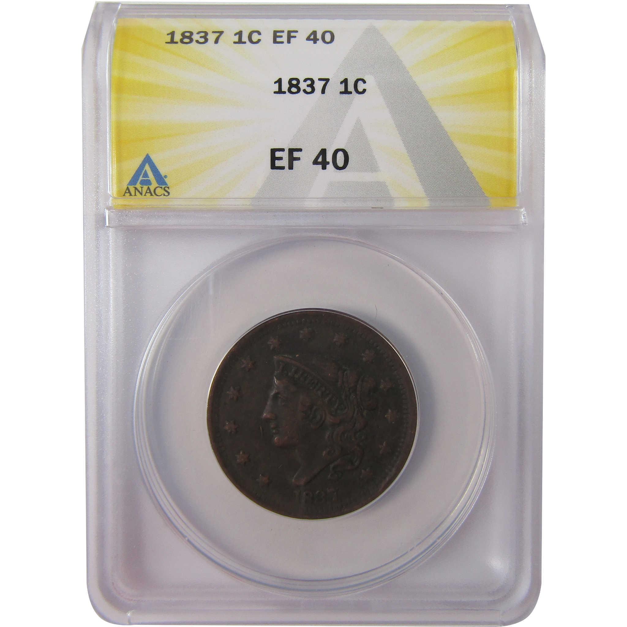 1837 Head of 1838 Beaded Cord Coronet Head Cent EF 40 ANACS SKU:I25620