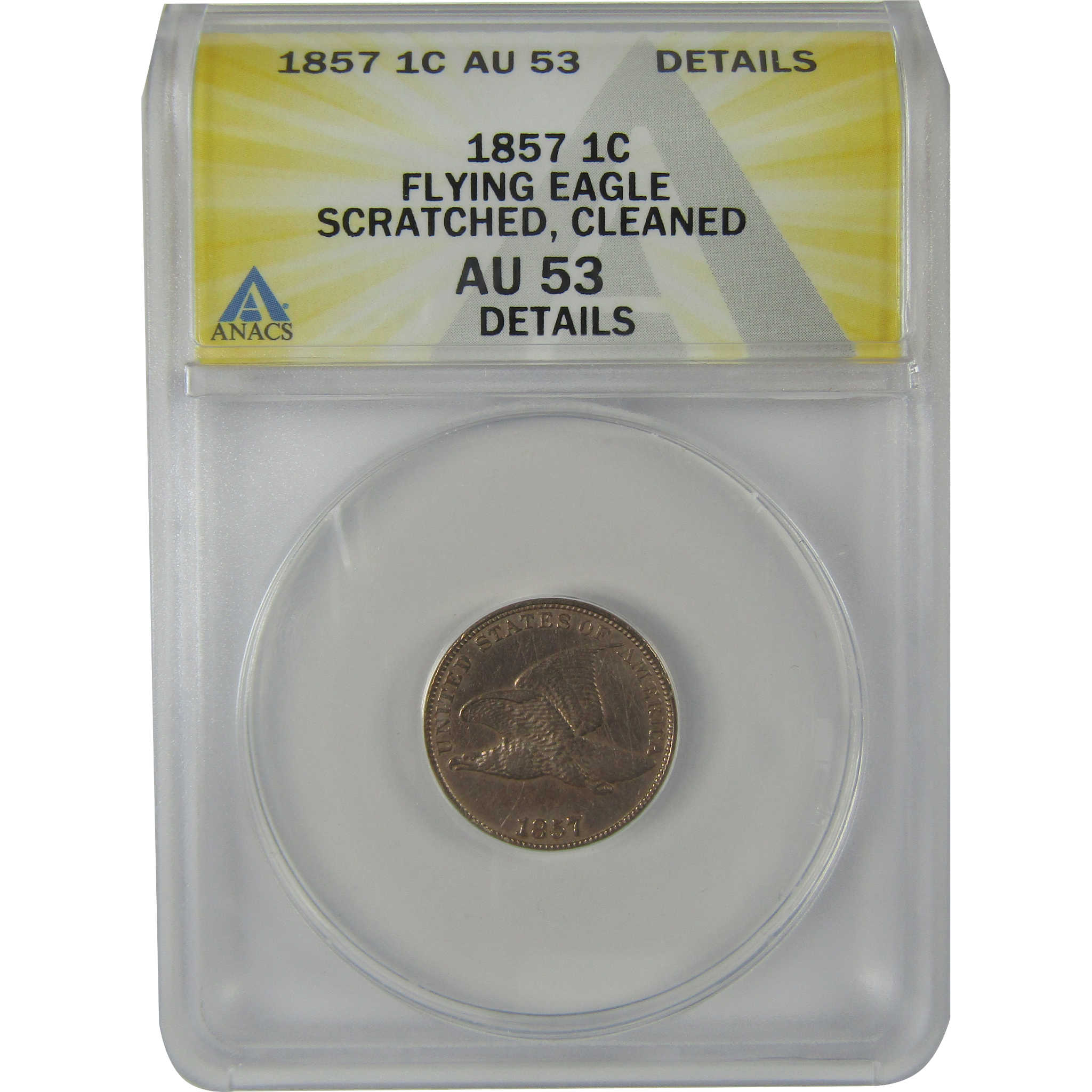 1857 Flying Eagle Cent AU 53 Details ANACS Penny 1c Coin SKU:I22963